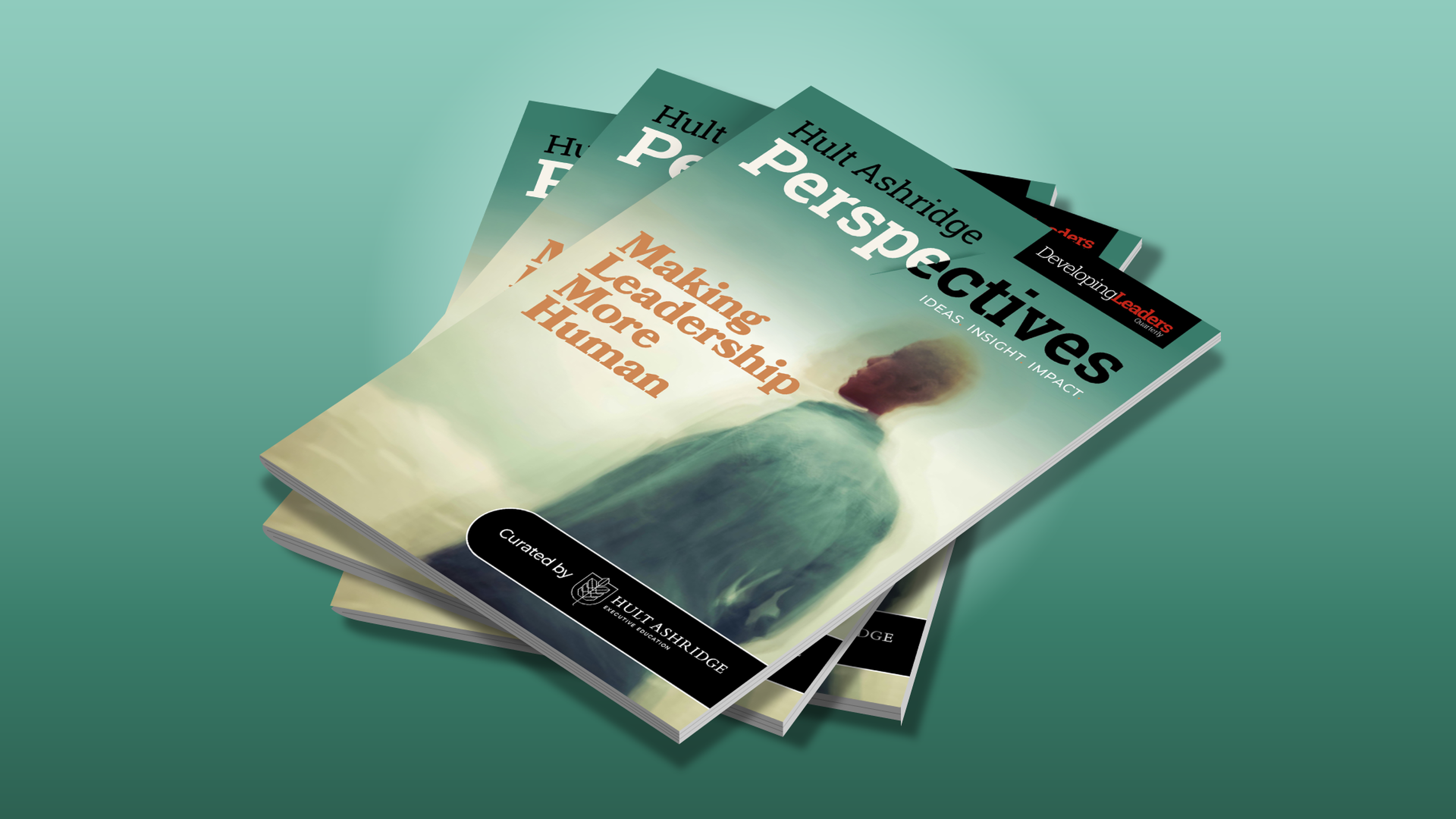 Five overlapping magazines titled "Hult Ashridge Perspectives: Making Leadership More Human" on a gradient blue-green background.