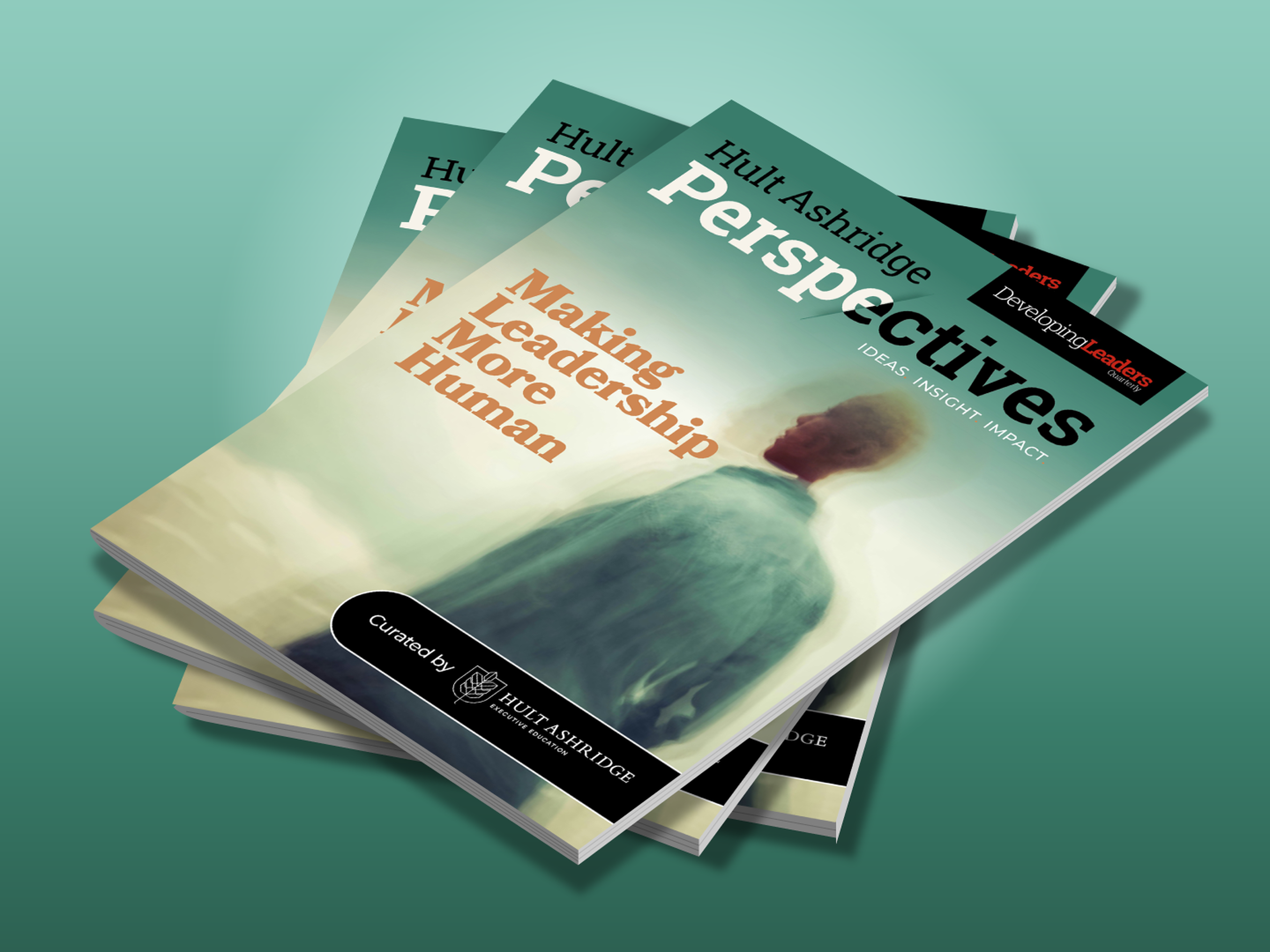 Five overlapping magazines titled "Hult Ashridge Perspectives: Making Leadership More Human" on a gradient blue-green background.