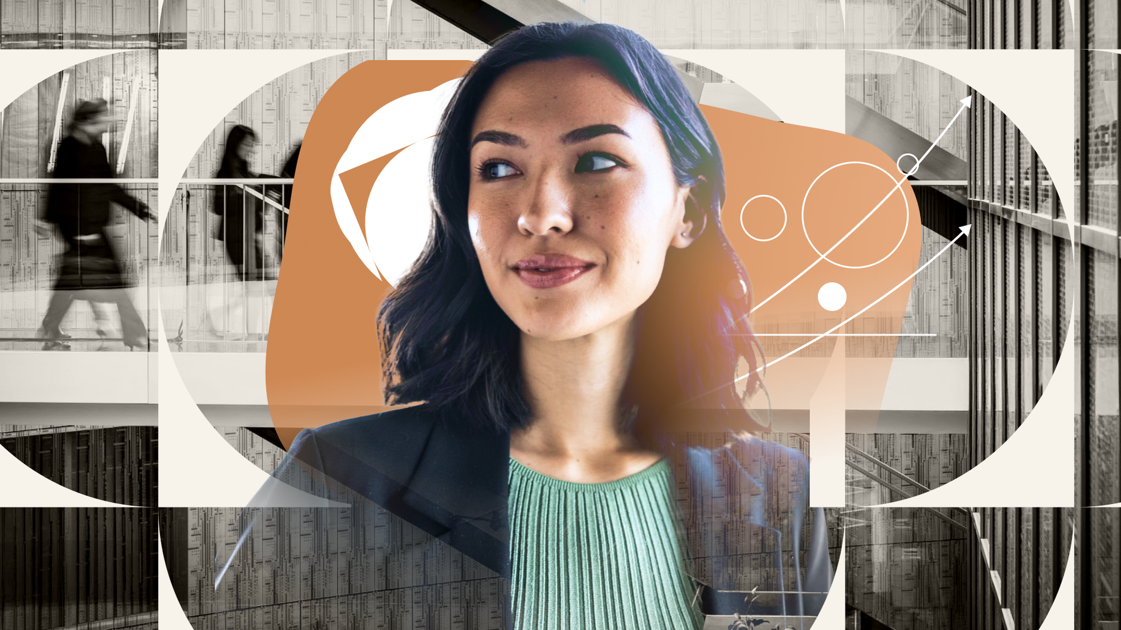 Stylized portrait of a woman with abstract geometric designs. Background features blurred figures walking in a modern building.
