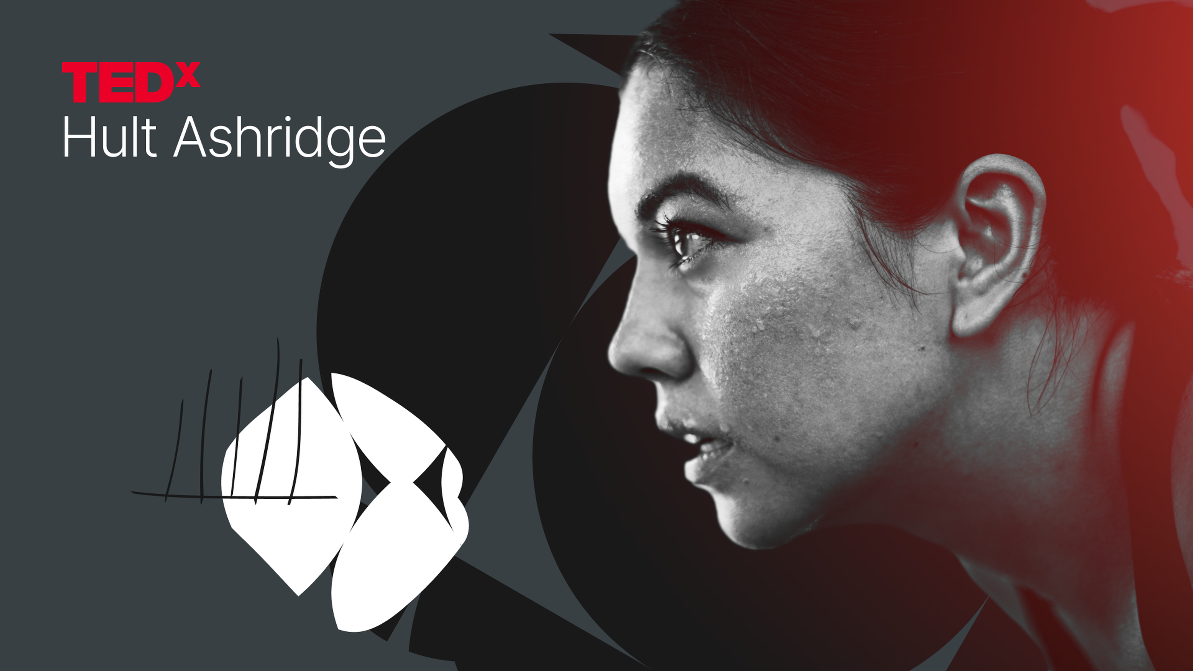 Profile of a woman against a dark background with "TEDx Hult Ashridge" text, accented with abstract black and white shapes and red highlights.