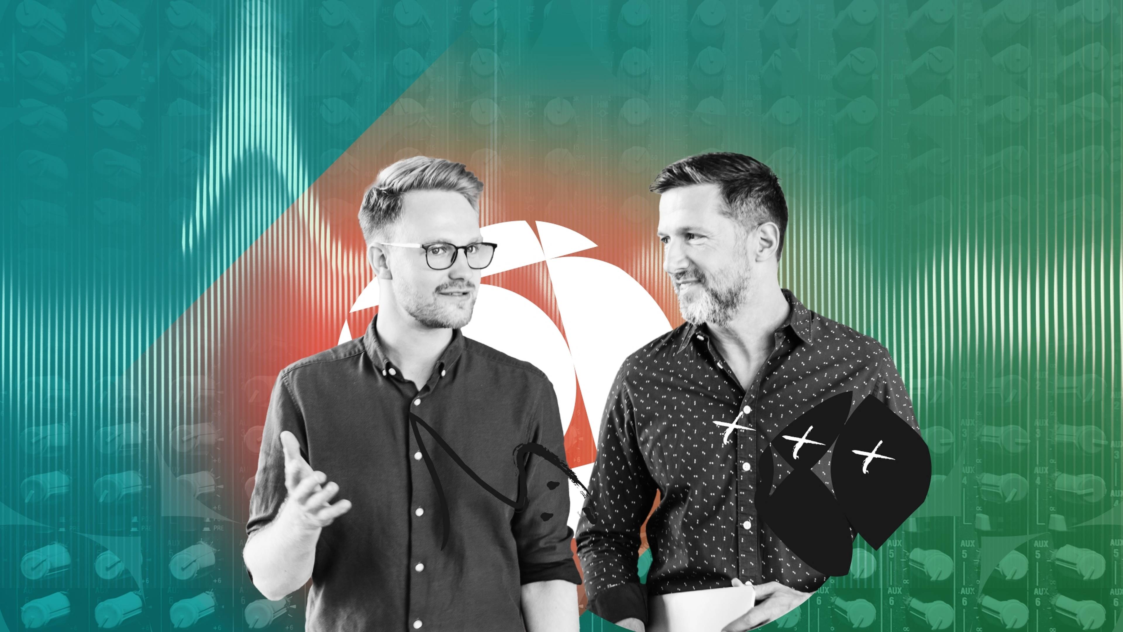 Two men in converse against a colorful, abstract background with geometric shapes and patterns.