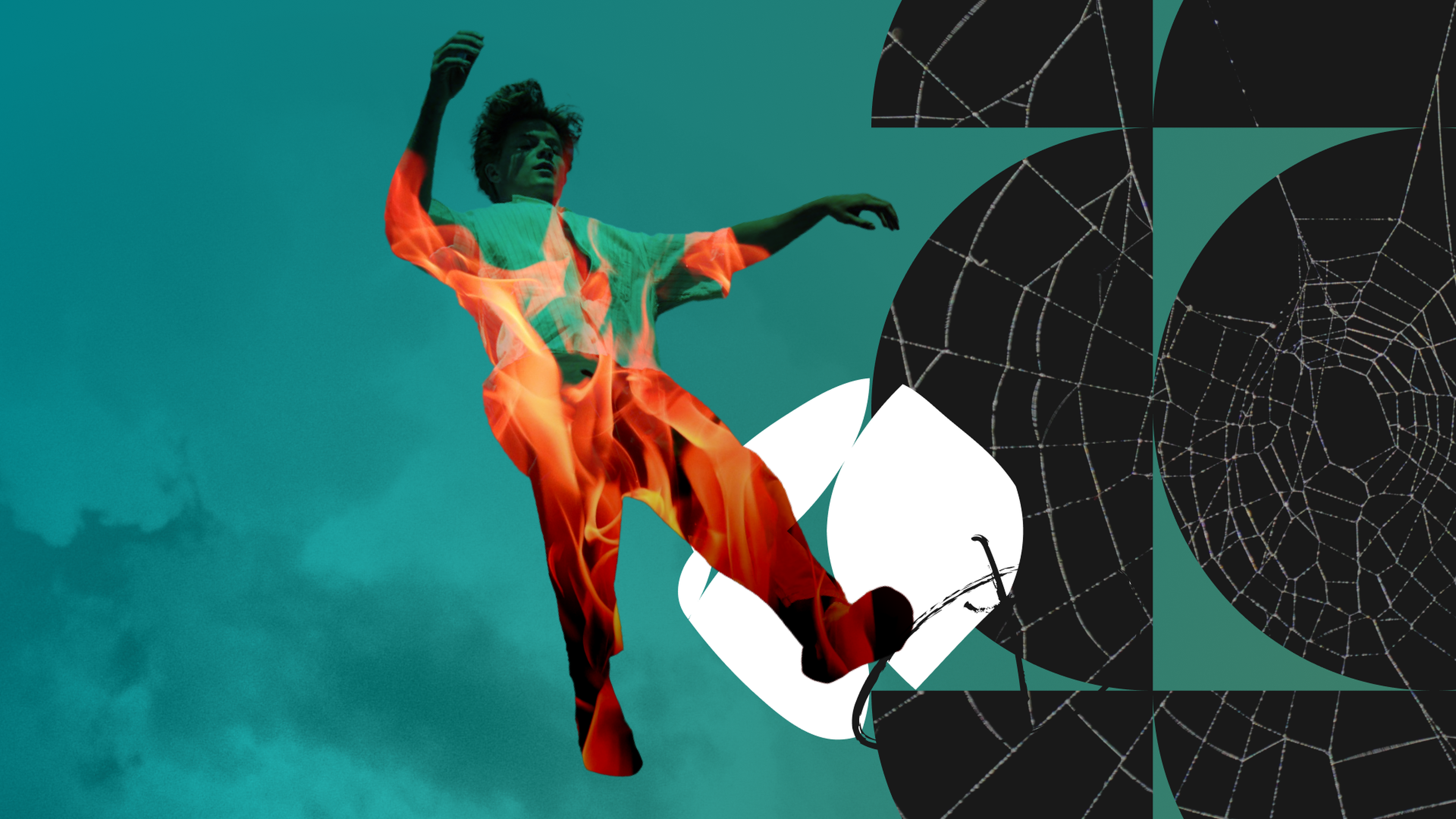 A person in a white shirt is engulfed in flames, suspended in mid-air against a teal sky, with abstract web and geometric patterns in the background.