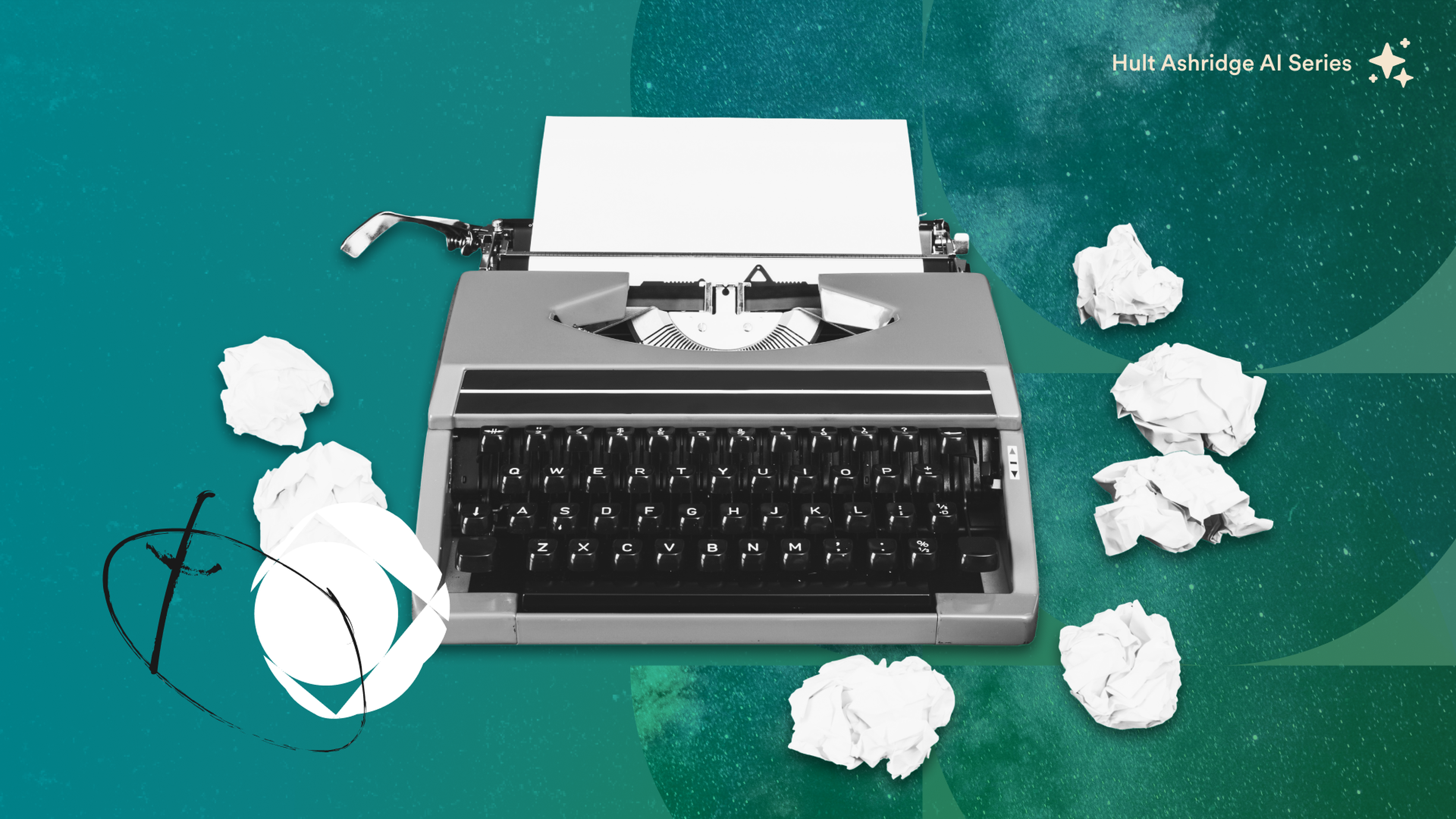 A vintage typewriter with a blank sheet of paper sits amidst crumpled paper balls on a green background, with abstract art elements.