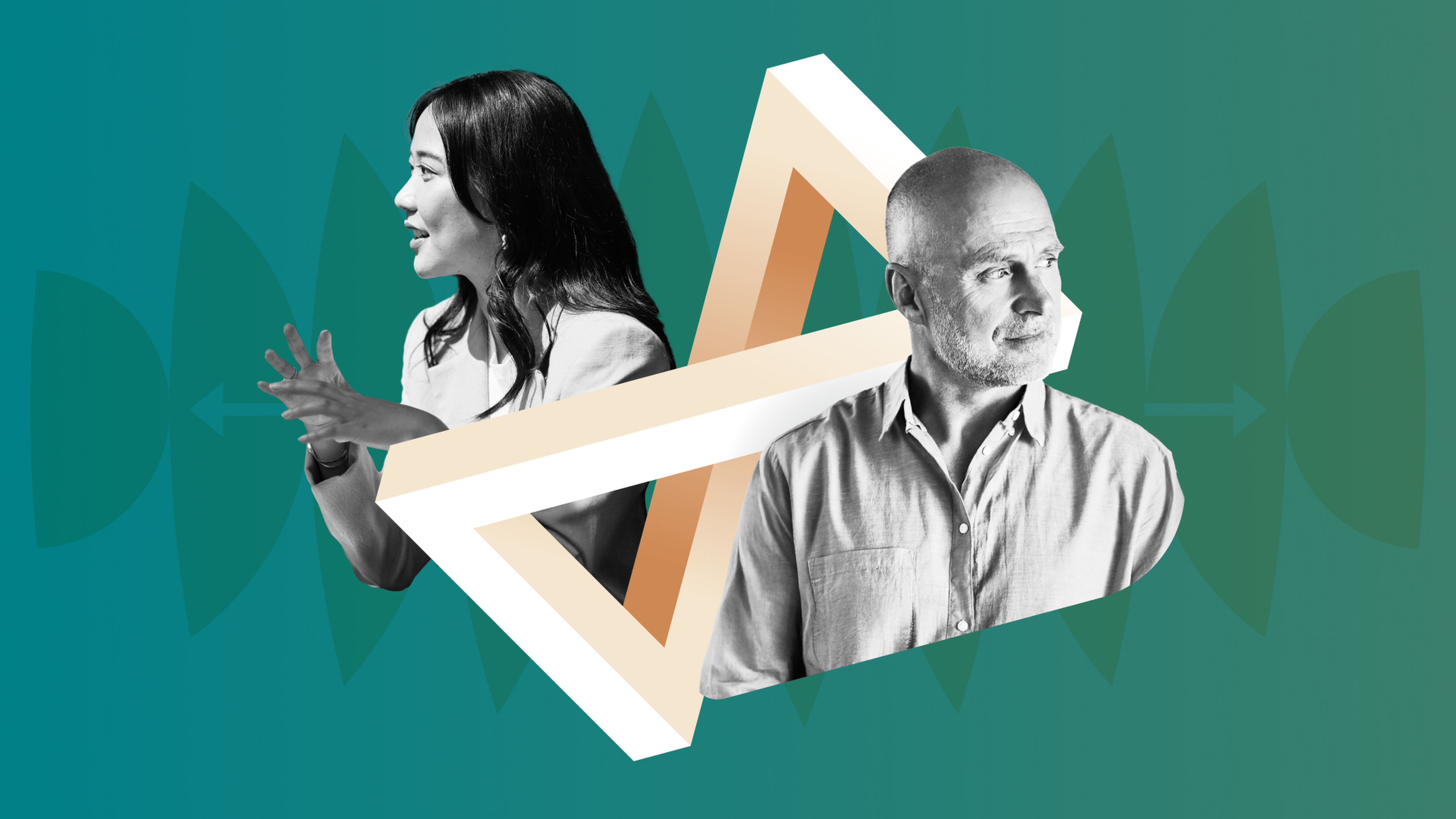 A woman and a man stand back to back, separated by an abstract 3D geometric shape, on a teal background with arrow motifs.
