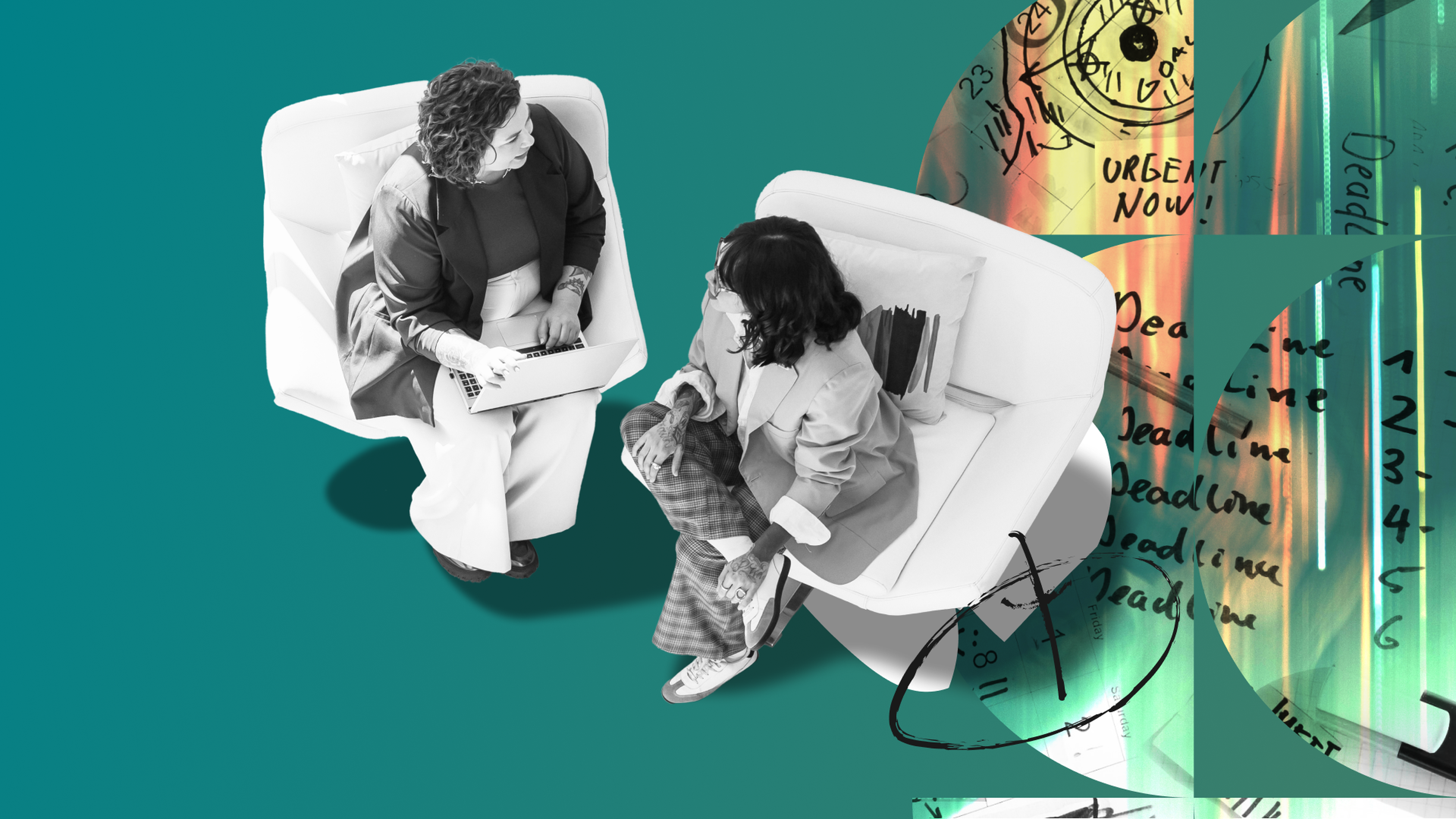 Two people seated in white chairs, chatting with a laptop, overlaid with clock and deadline graphics, on a teal background.