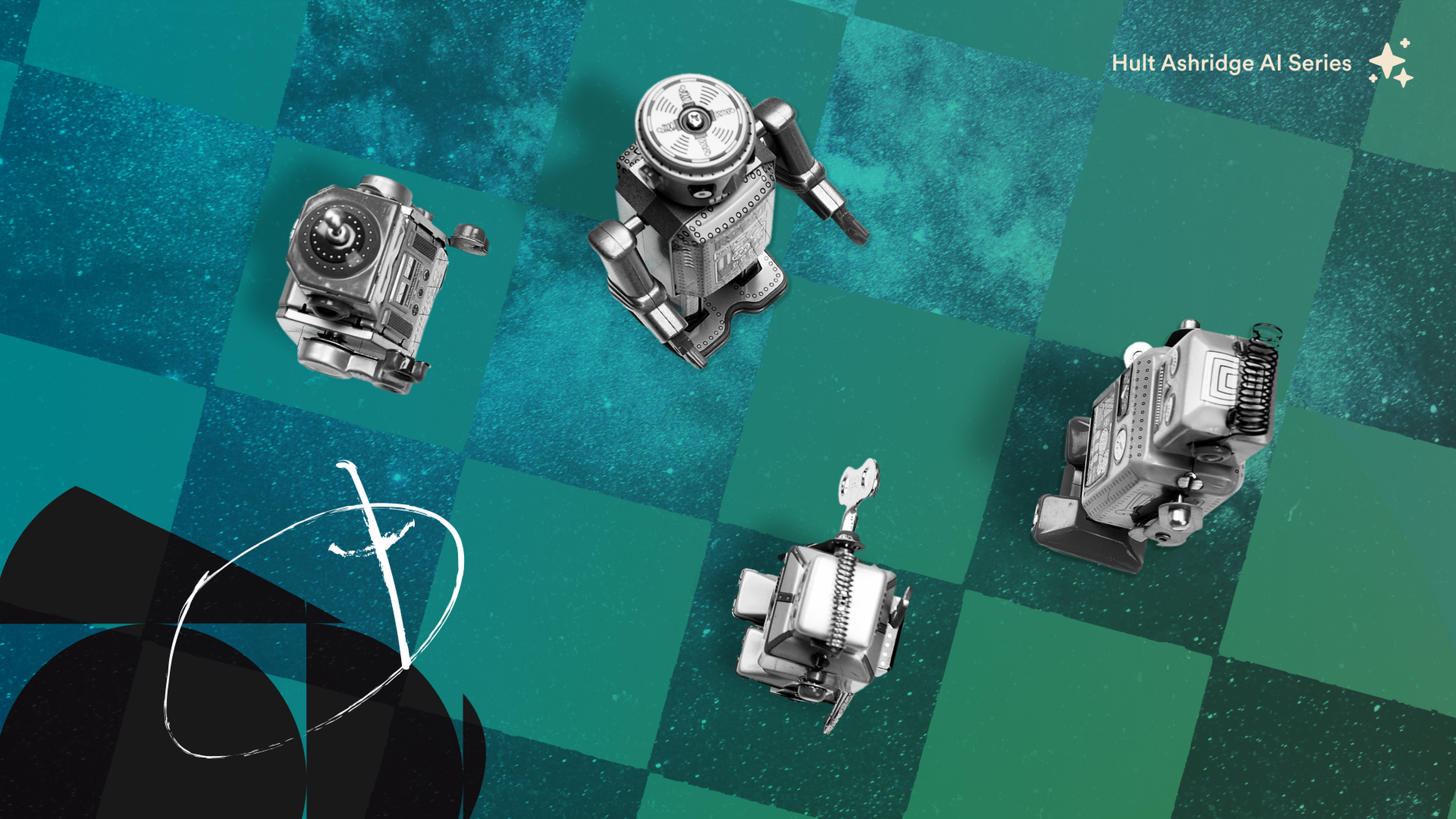 Four vintage toy robots on a teal checkered background with abstract shapes and text that reads "Hult Ashridge AI Series" in the corner.