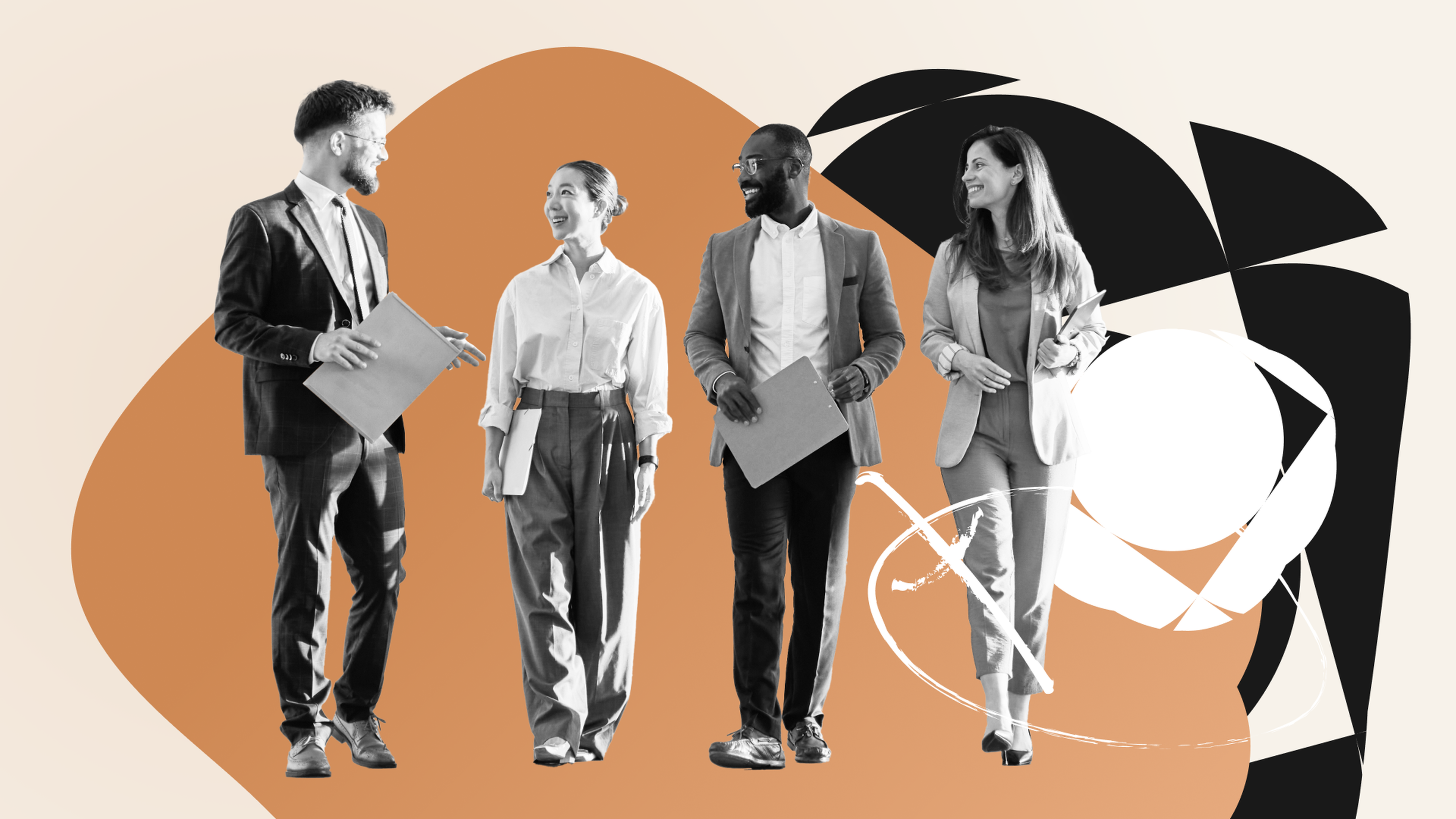Four professionals in business attire smiling and holding folders, standing against an abstract background with orange and black shapes.