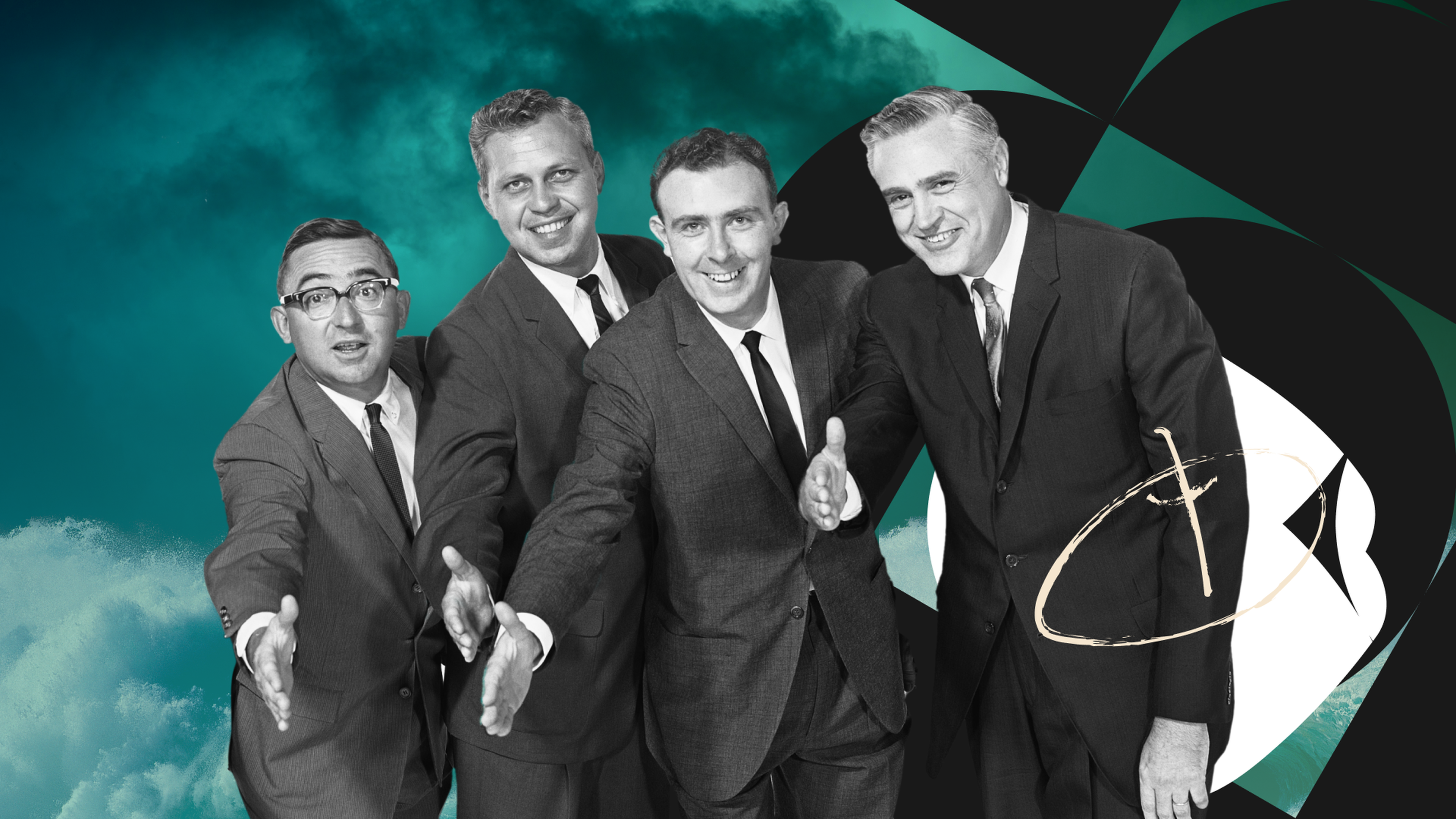 Four men in suits smiling, with arms extended, against a stylized teal and black background with a circular design.