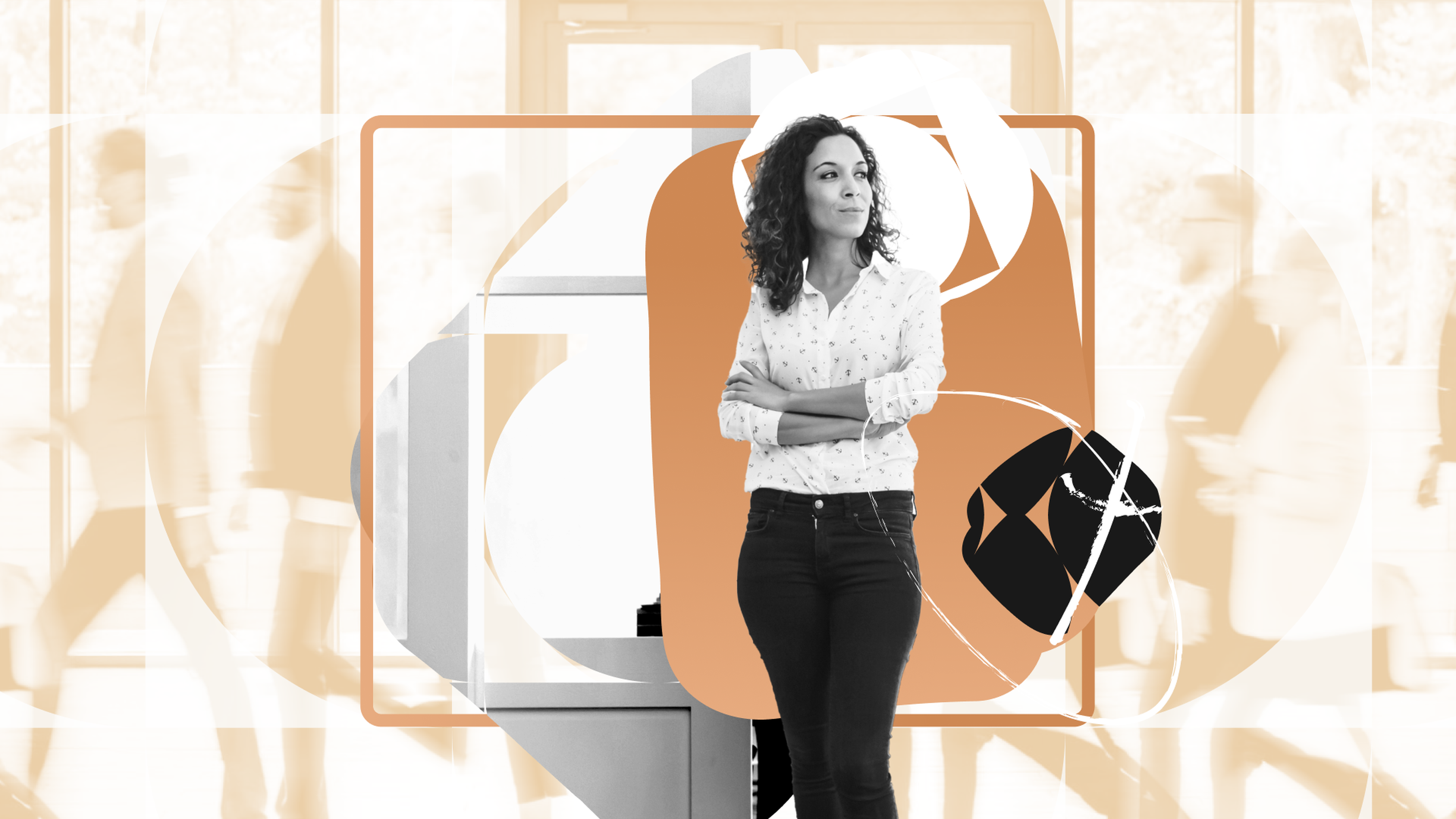 A woman in a white blouse stands confidently with arms crossed, against a mixed media background of abstract shapes and blurred figures.