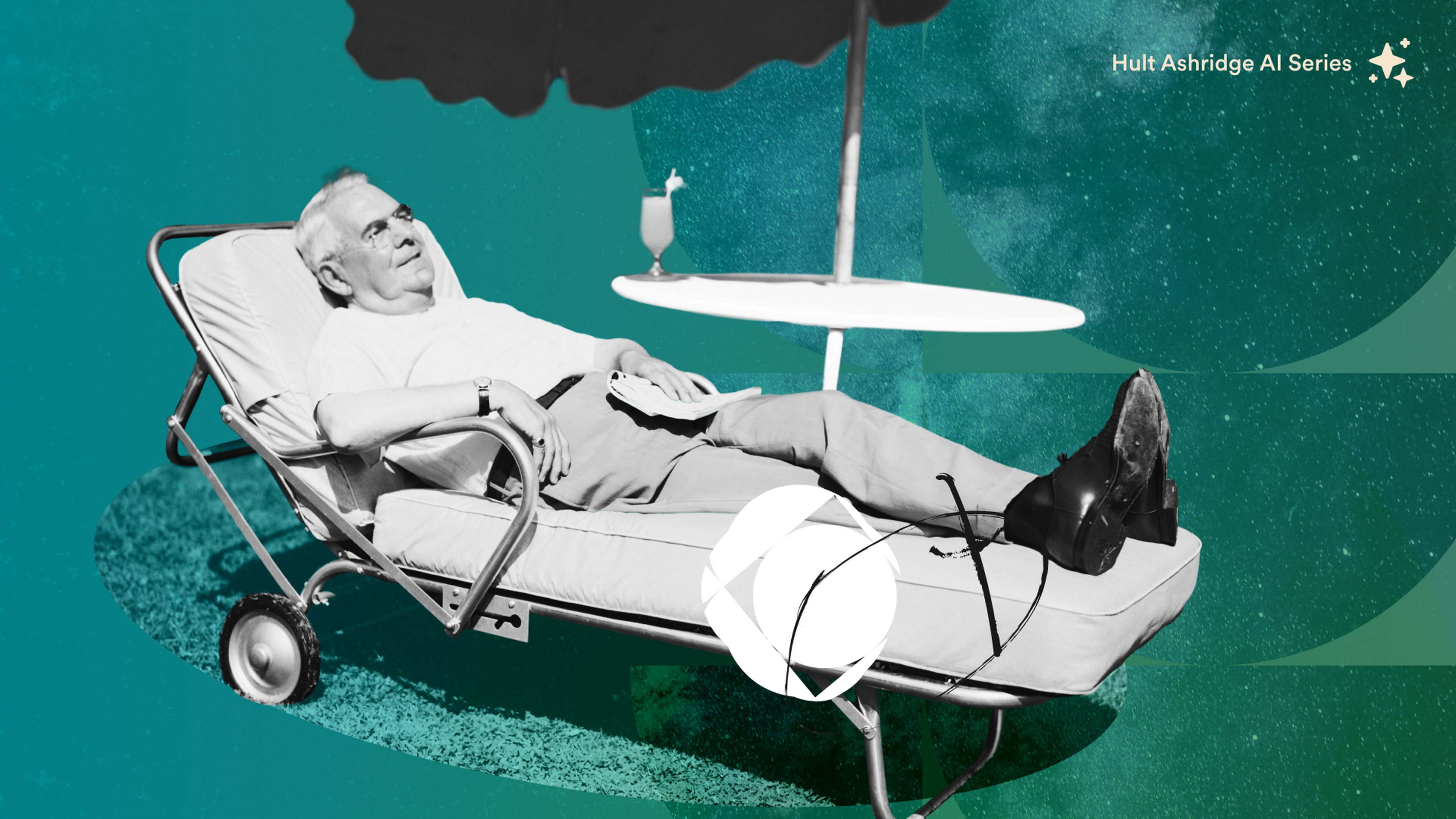 Man relaxing on a lounge chair under an umbrella, holding a book, with a drink on a small table. Background features abstract green patterns.