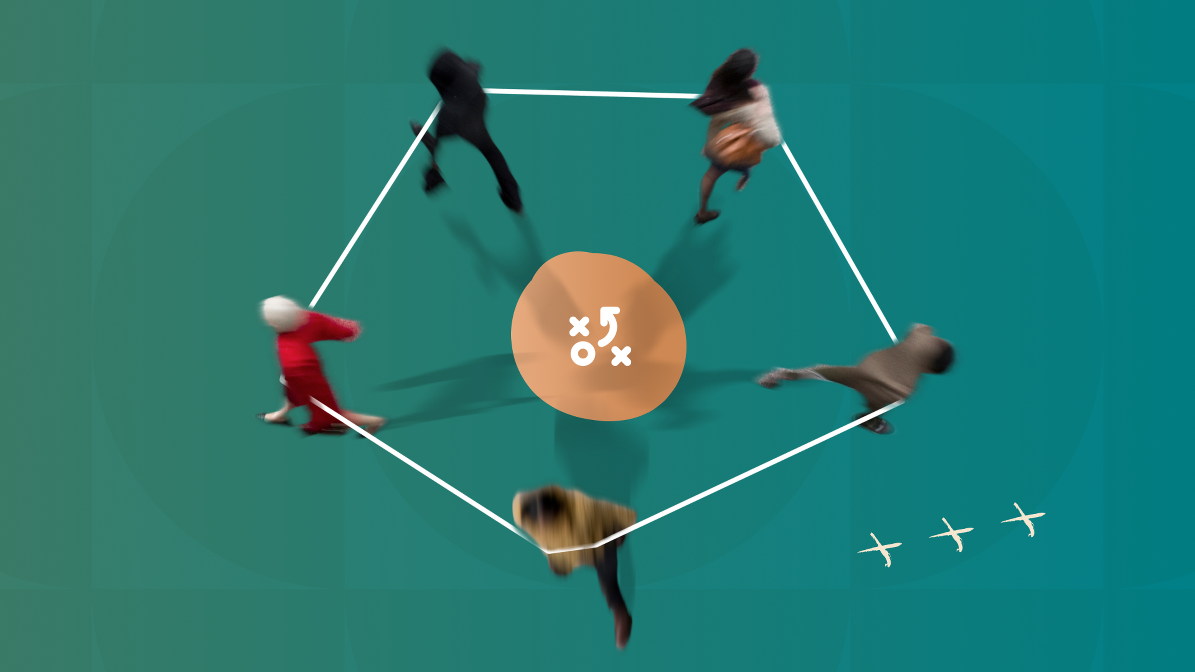 Five blurred people walking in tension with each other around an orange circle with symbols, on a teal background with white crosses.