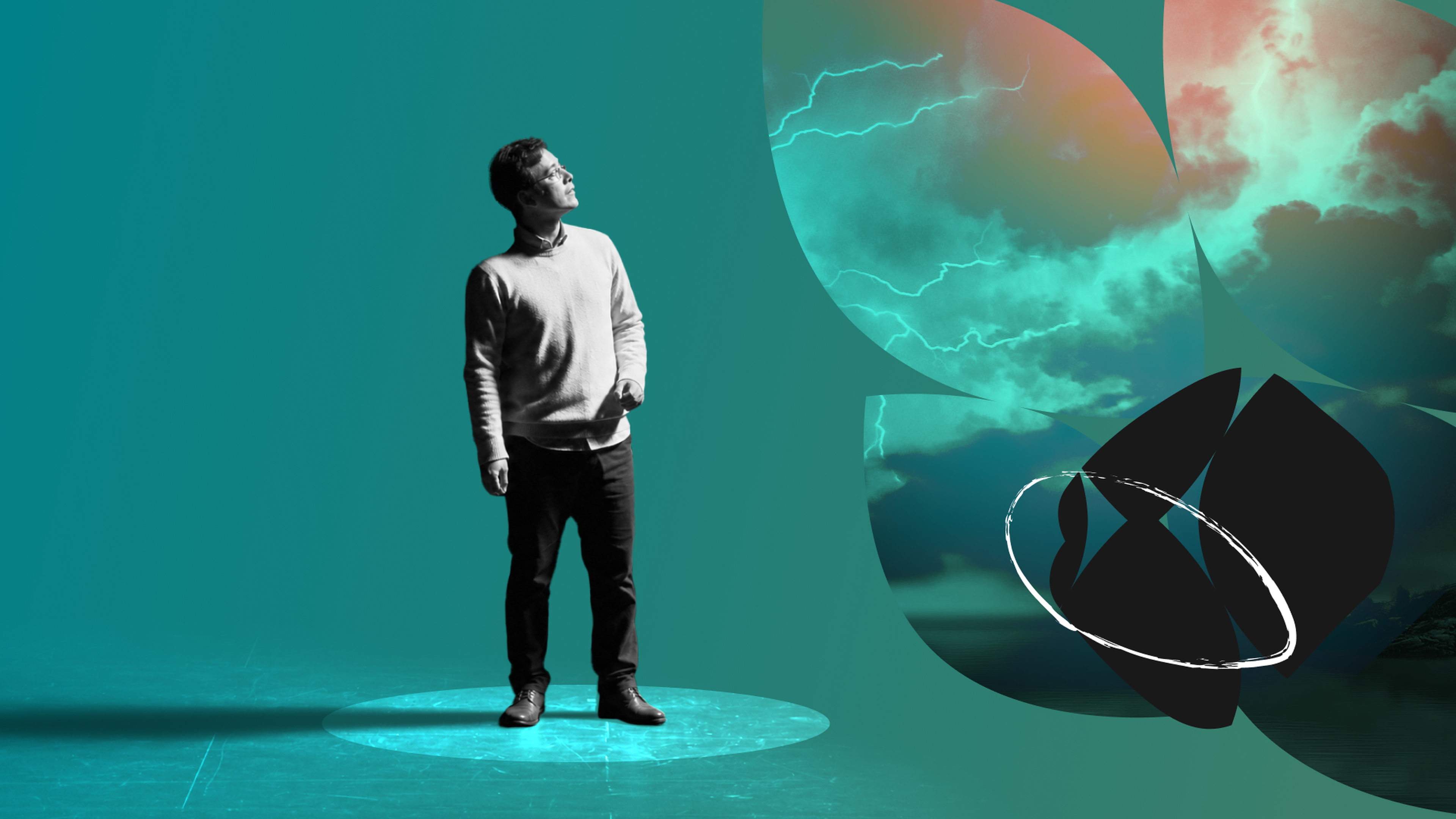 A person stands under a spotlight, looking upward, against a teal background with abstract shapes and a stormy sky.