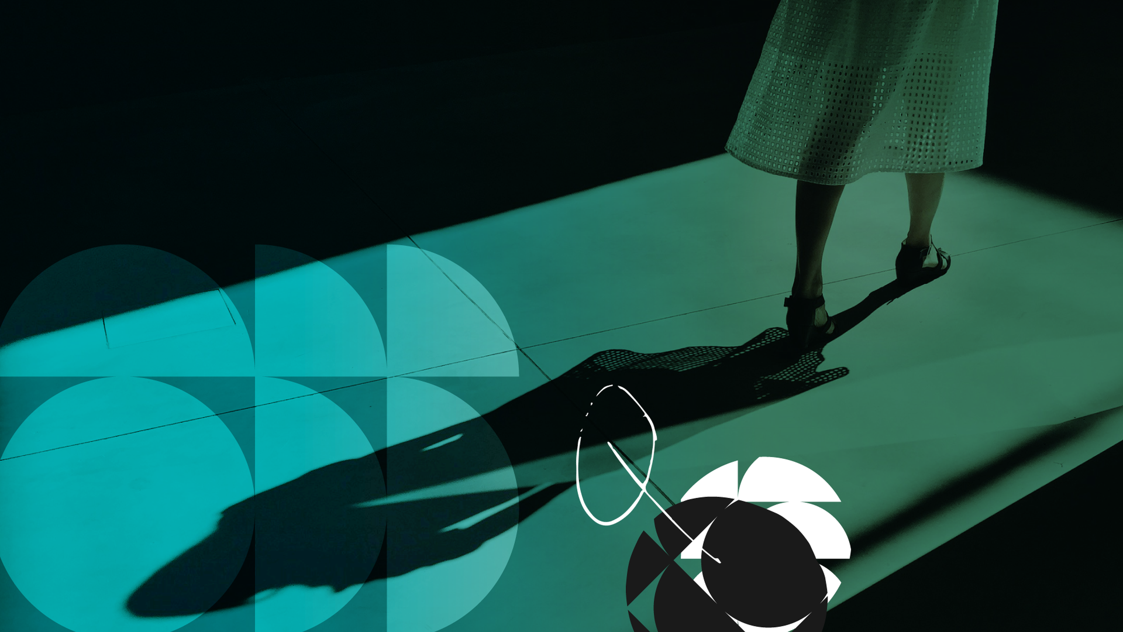 Shadow of a person in a skirt cast on a teal surface, with geometric shapes overlayed.