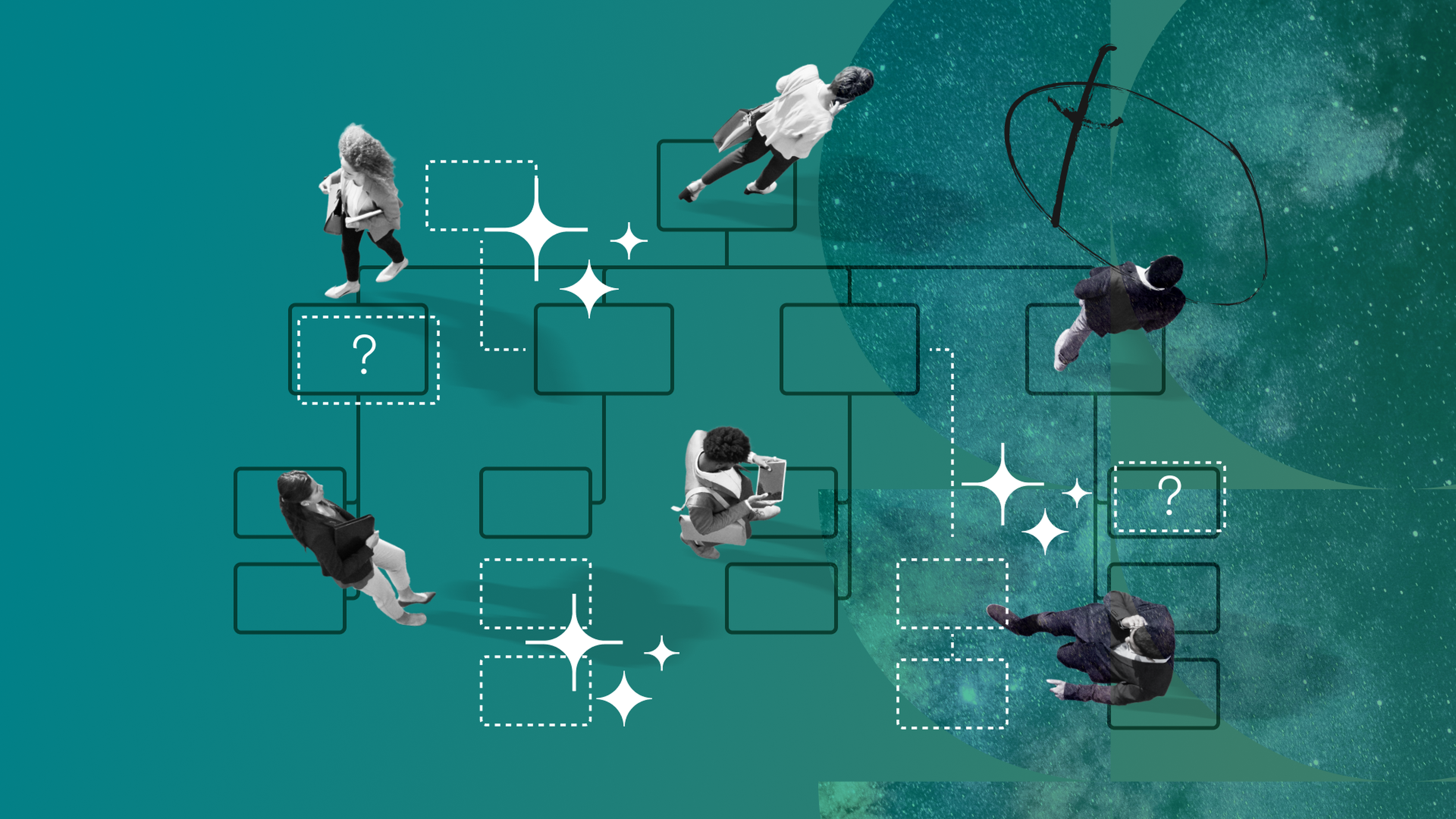 People walking over a turquoise background with intersecting lines, boxes, and question marks, symbolizing a complex decision-making process.