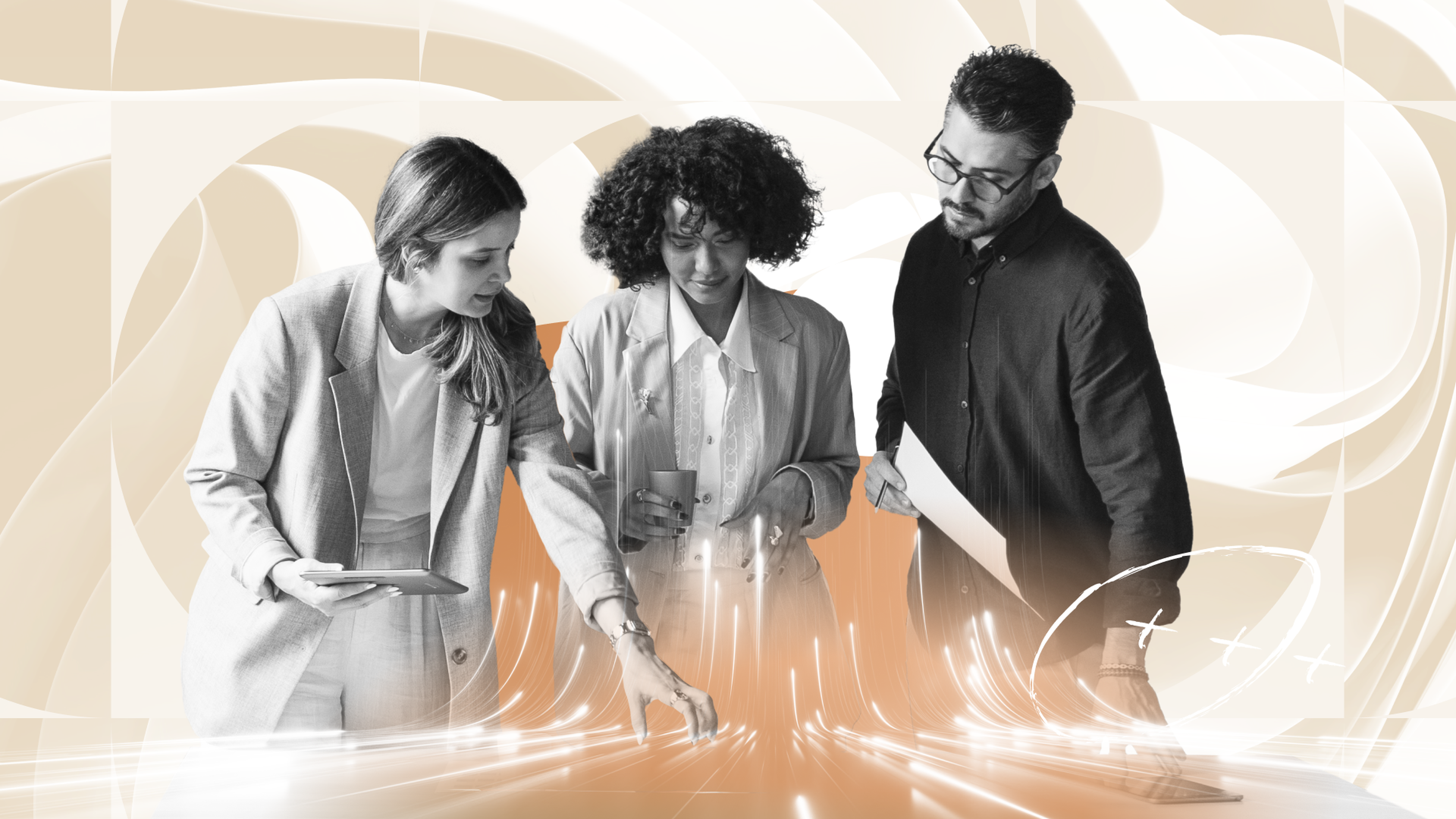 Three leaders designing their operating model, holding planning documents, with dynamic light trails and abstract patterns in the background.