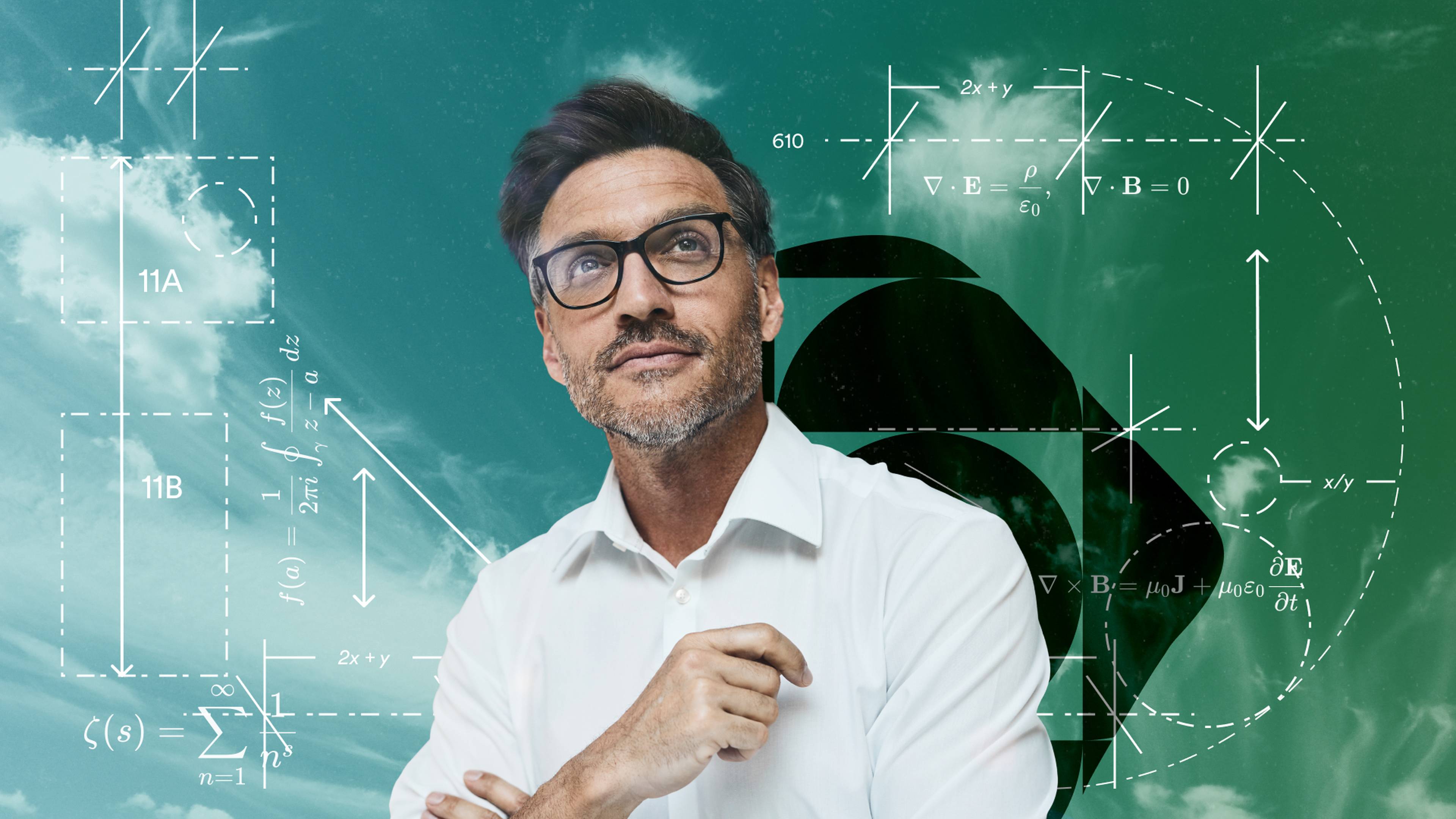 Man in glasses and white shirt looks thoughtful against a background of mathematical equations and a green-blue sky.