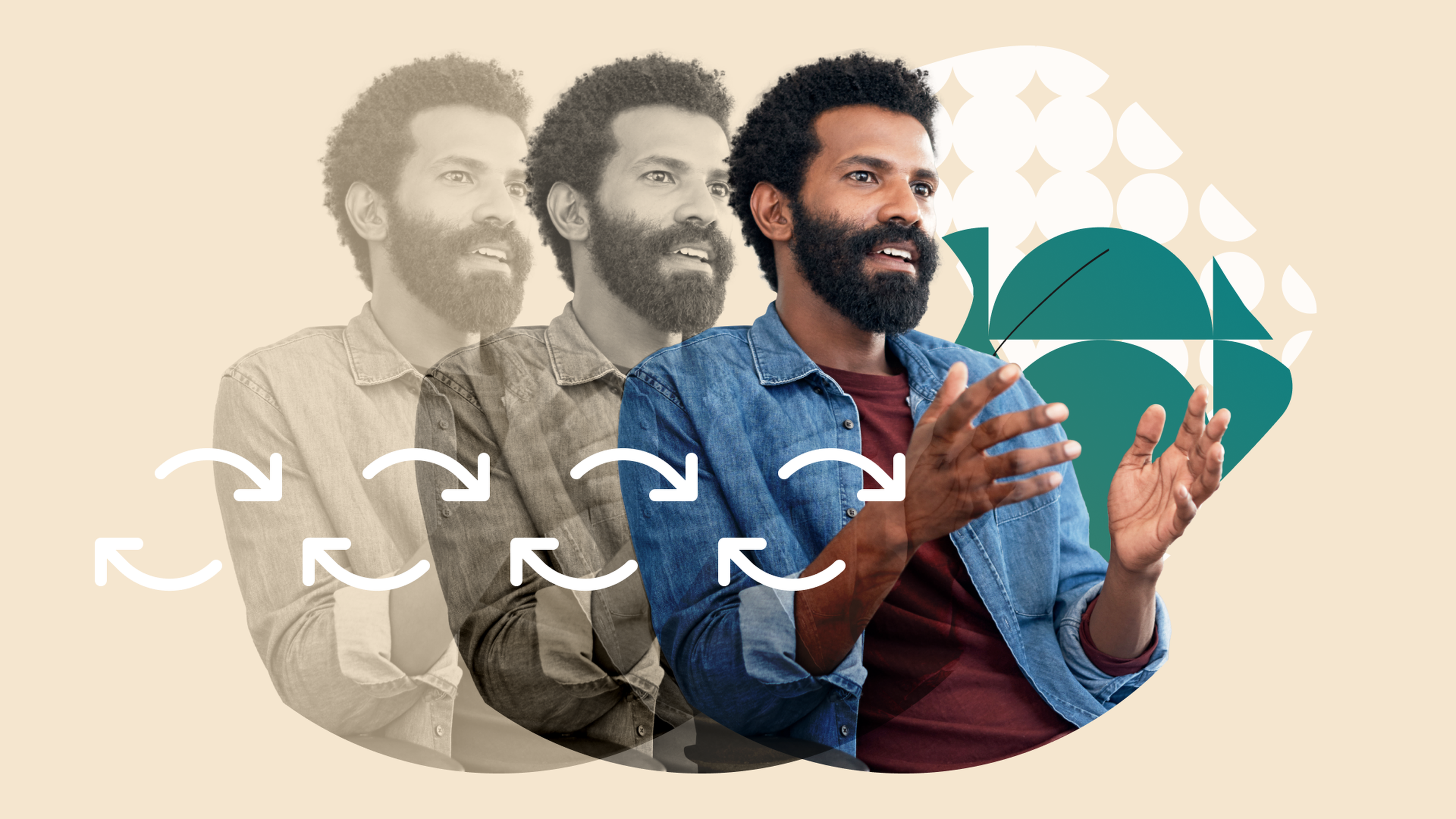 Man gesturing while talking, with multiple shadowed images and arrows indicating movement, set against a geometric patterned background.