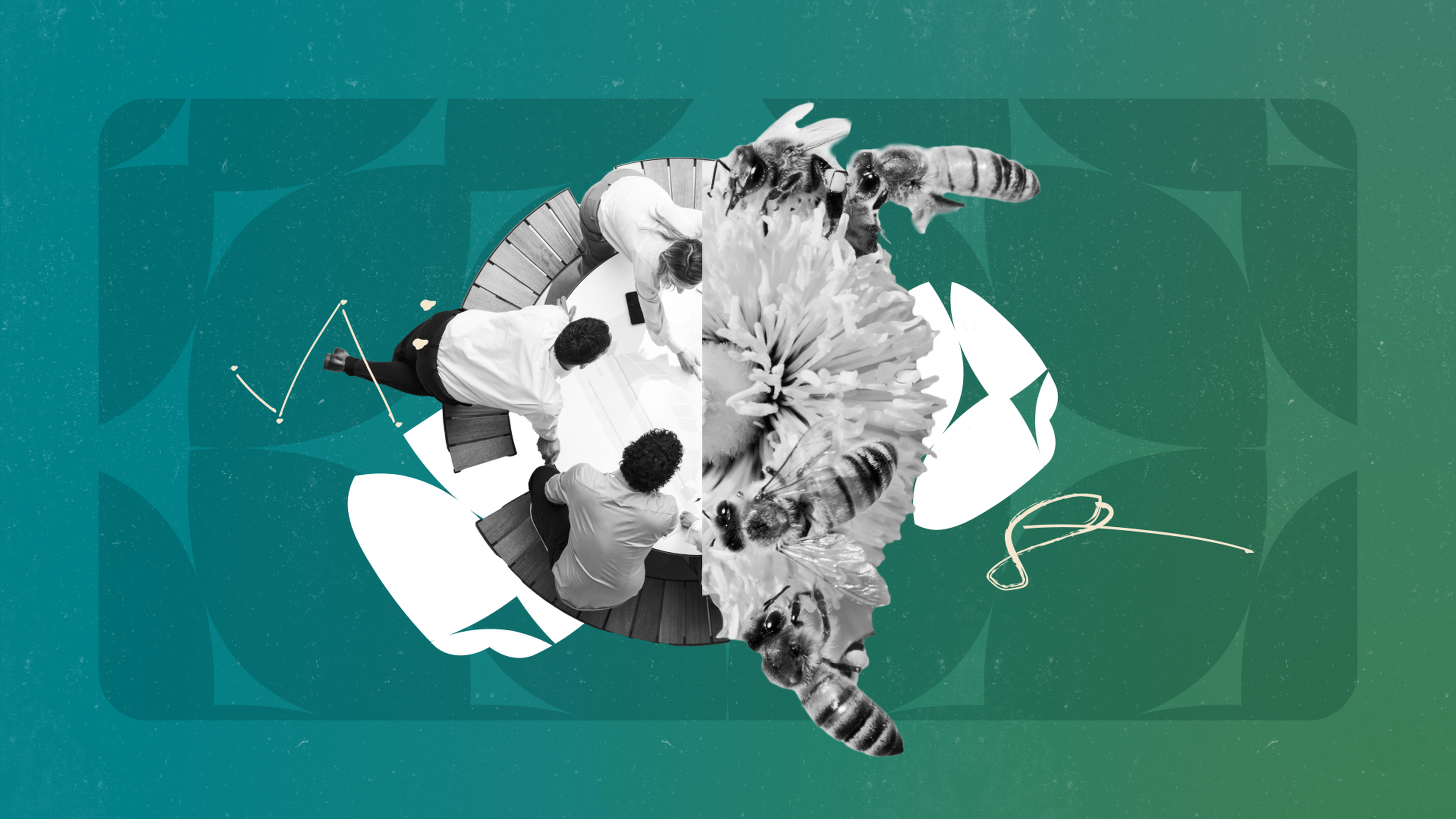 Aerial view of people at a table, surrounded by bees and flowers on a green background with abstract shapes to depict a high performing team