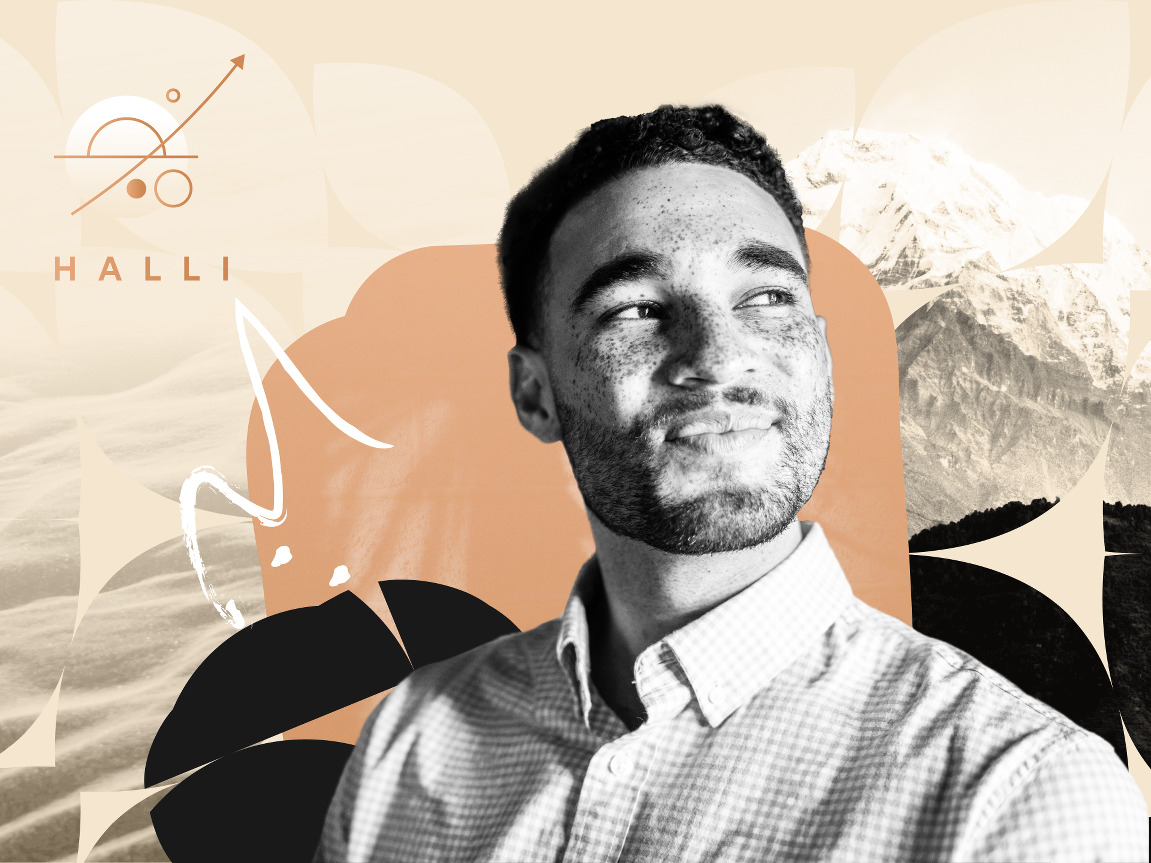 A leader smiling against an abstract background with geometric shapes, mountains