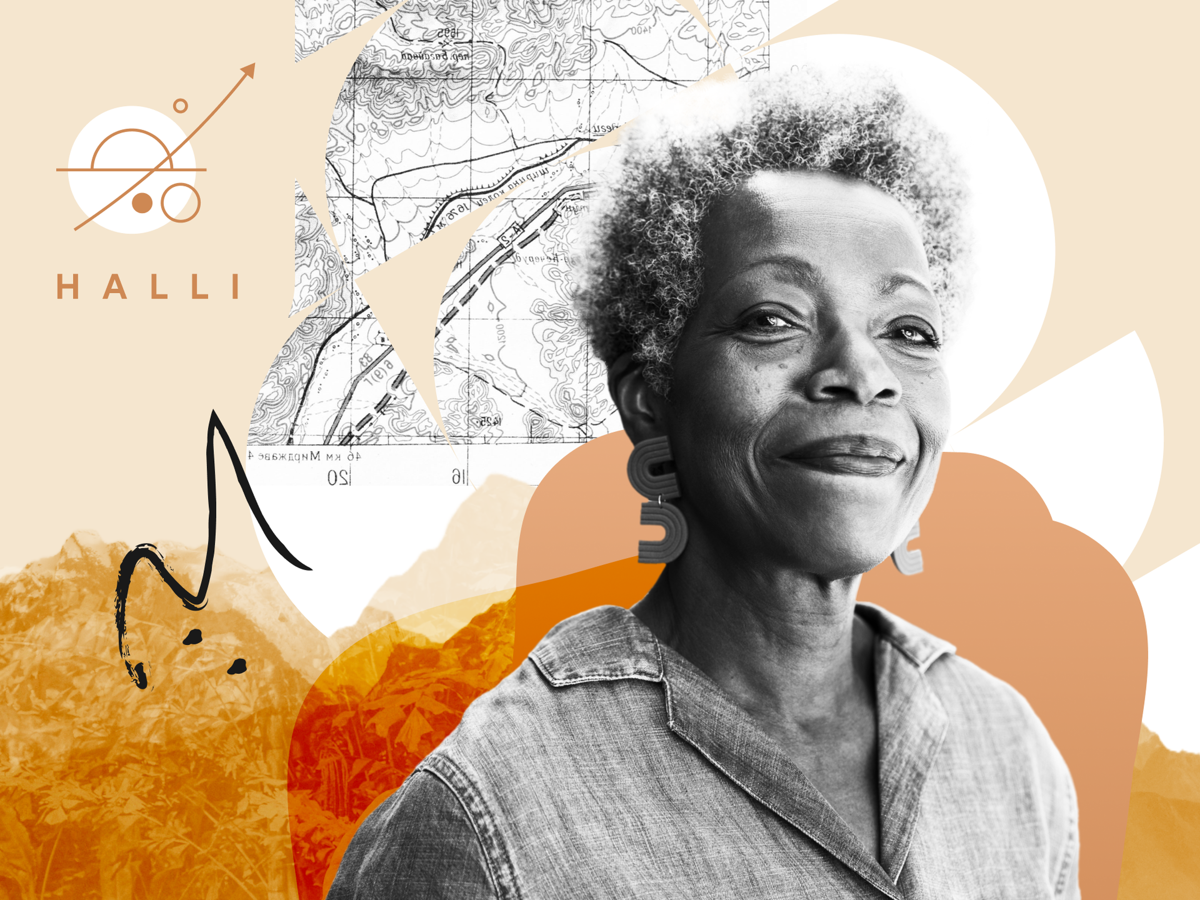 A leader smiles in a creative collage featuring abstract designs, a vintage map, and mountains