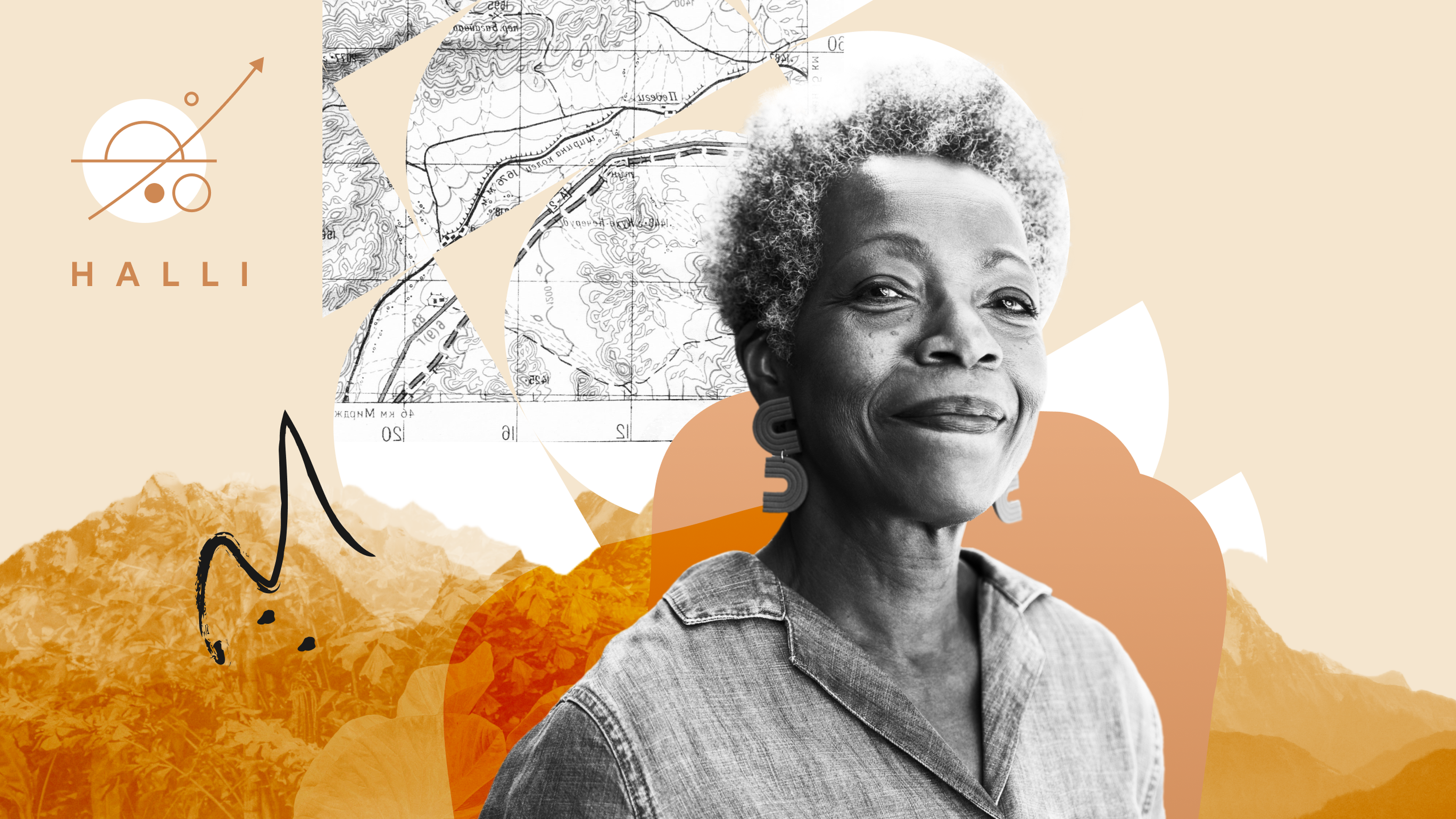 A leader smiles in a creative collage featuring abstract designs, a vintage map, and mountains