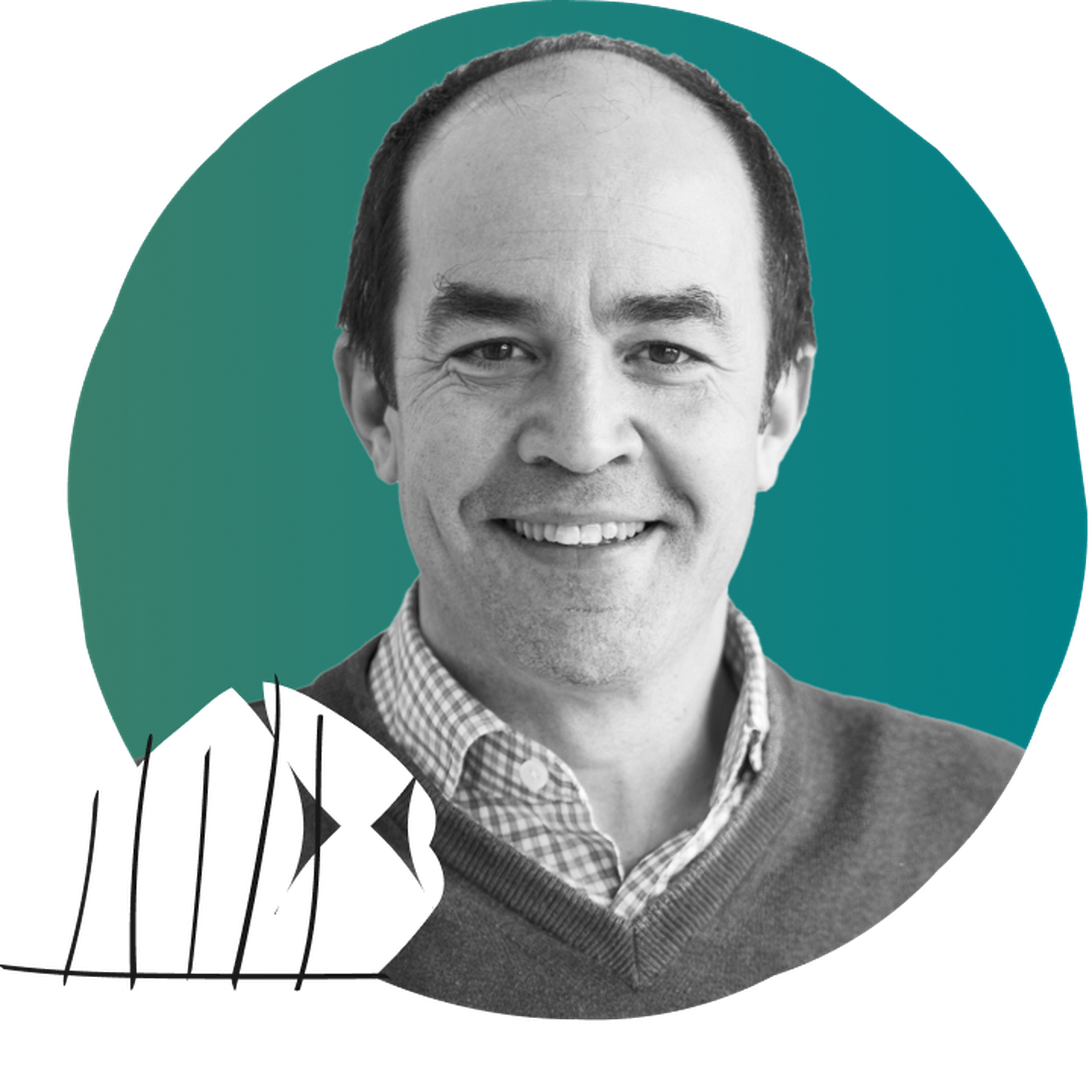 Headshot of Stefan Cousquer set against a teal circular background with abstract black and white elements.