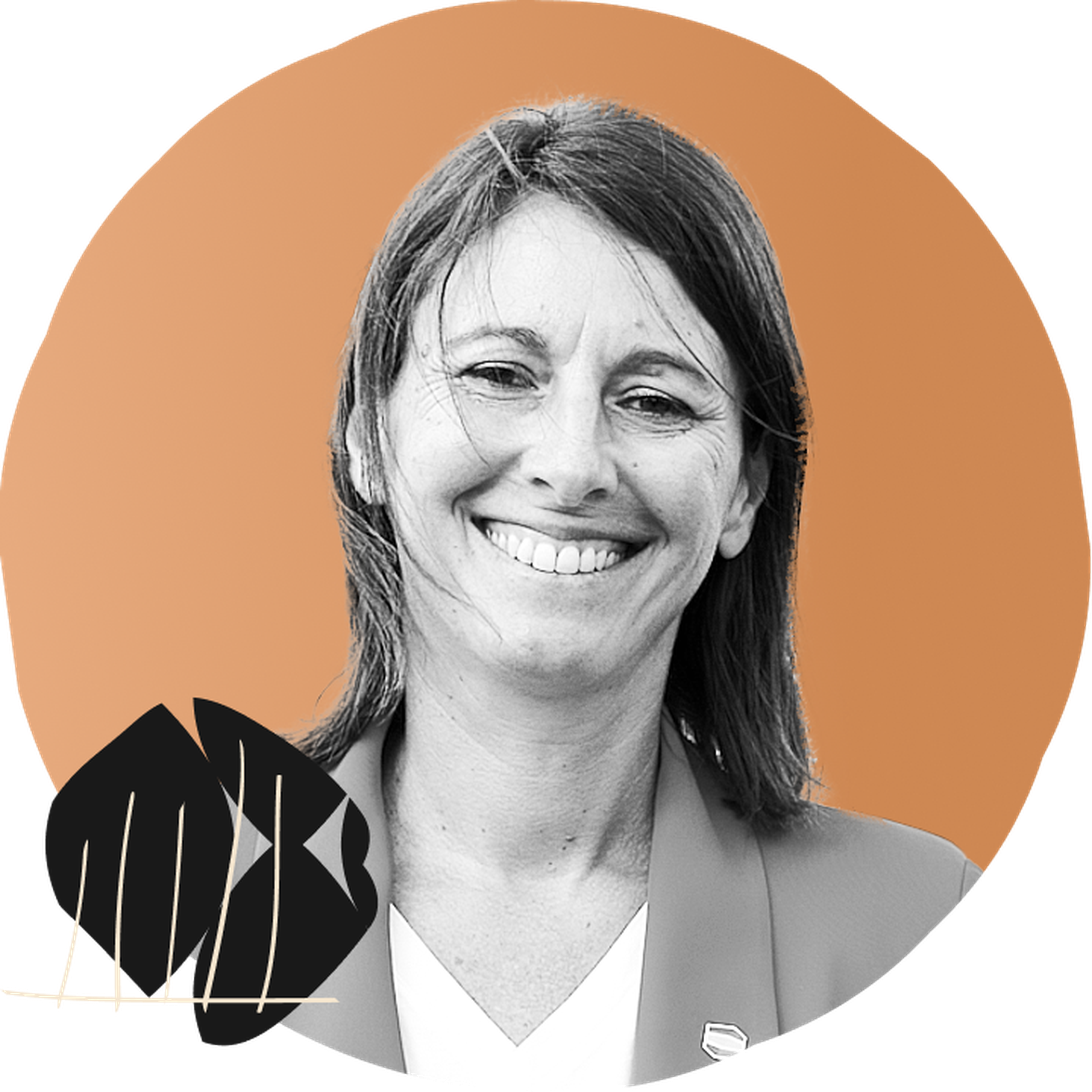 Headshot of Silvia Ciceri with an orange circular background and abstract black shapes in the lower left corner.