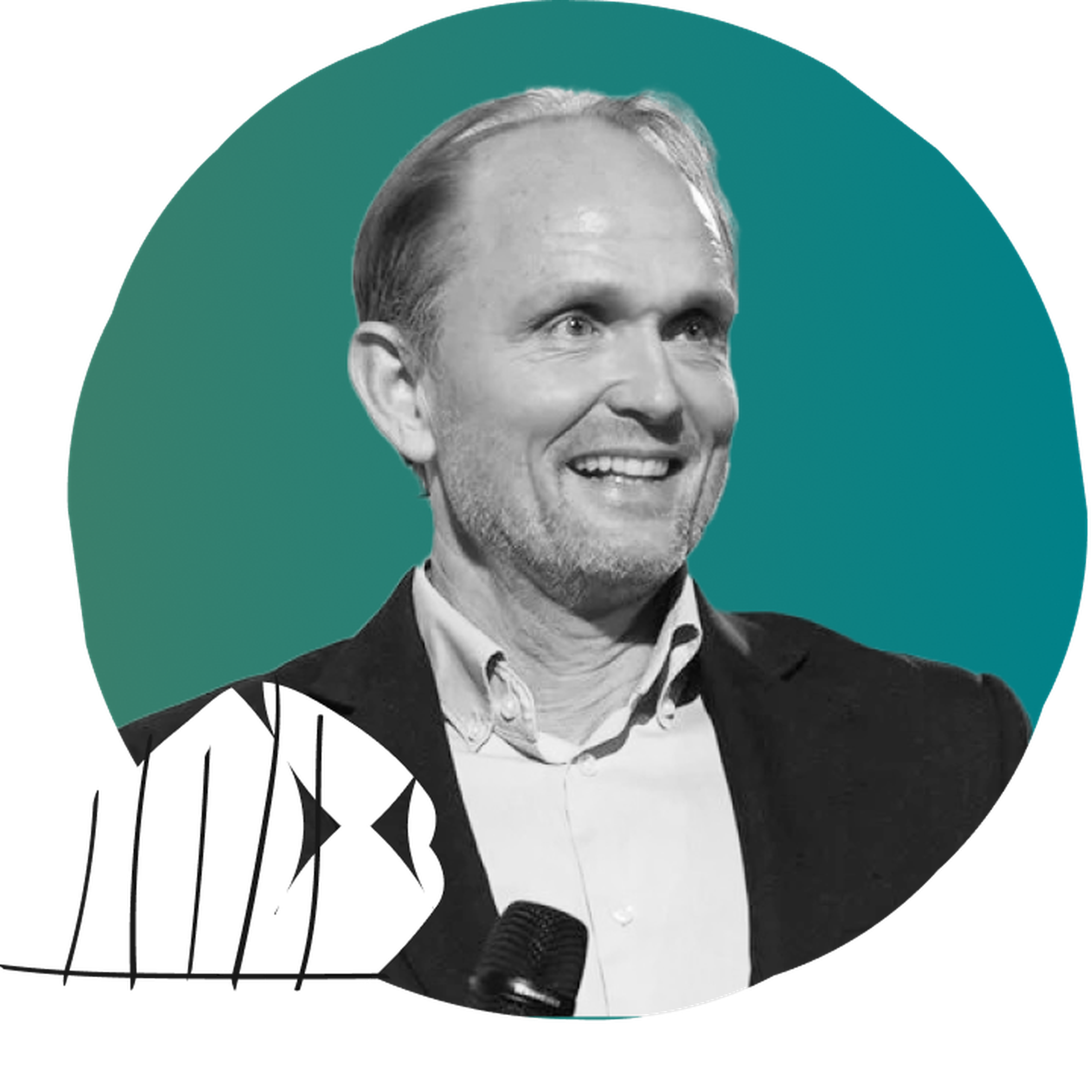 Headshot of Johan Roos set against a blue-green background, with abstract white shapes in the foreground.