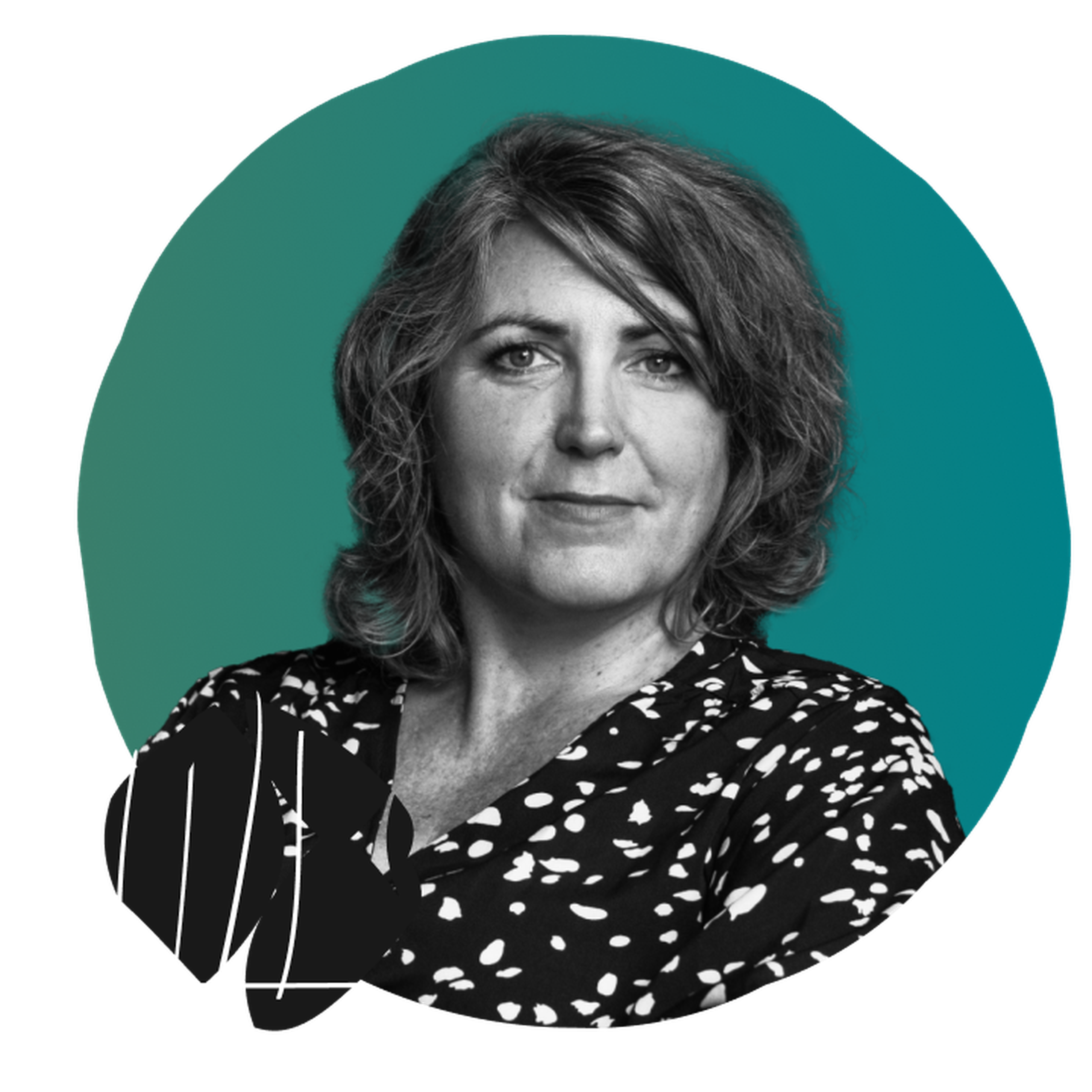 Headshot of Trudi West set against a teal circular background with abstract black and white shapes.