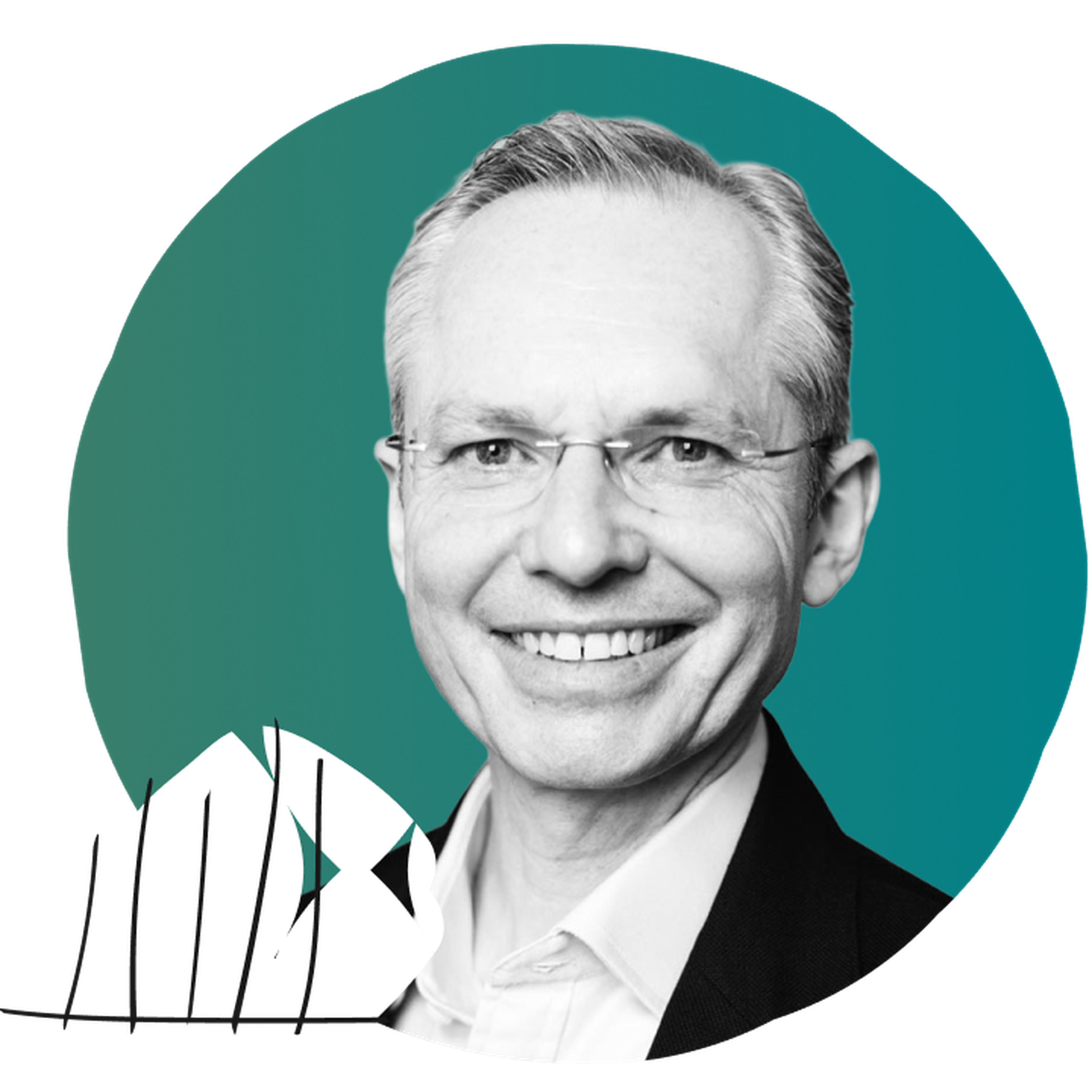 Headshot of Paul Griffith with a teal background, with abstract white and black shapes in the foreground.