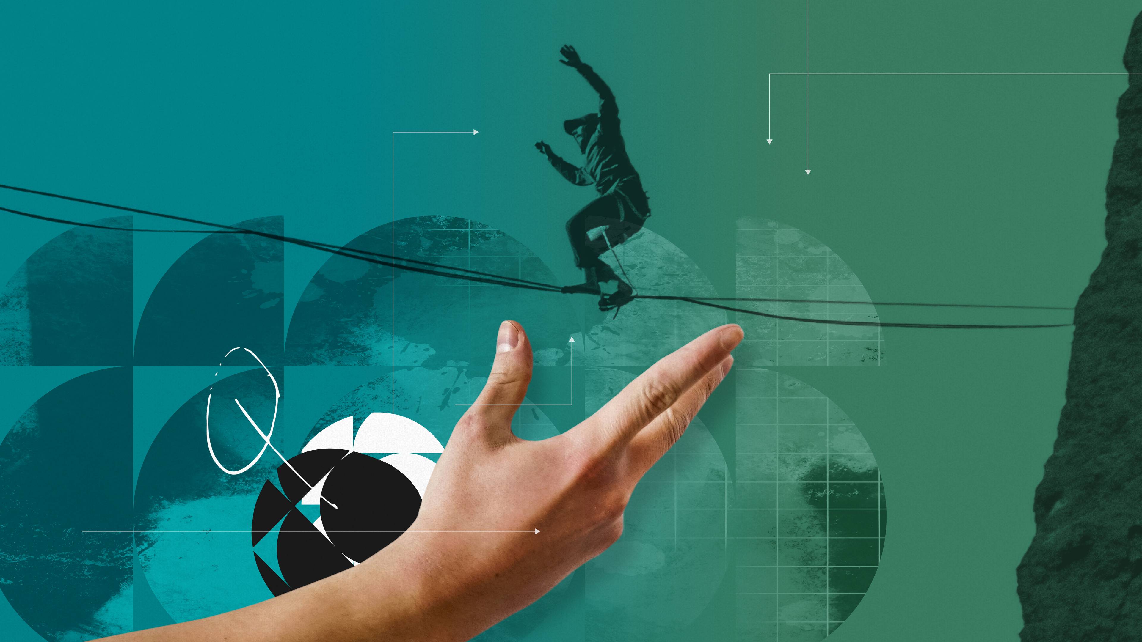 A hand gestures upward, overlaying an abstract graphic background with a silhouette figure balancing on a wire.