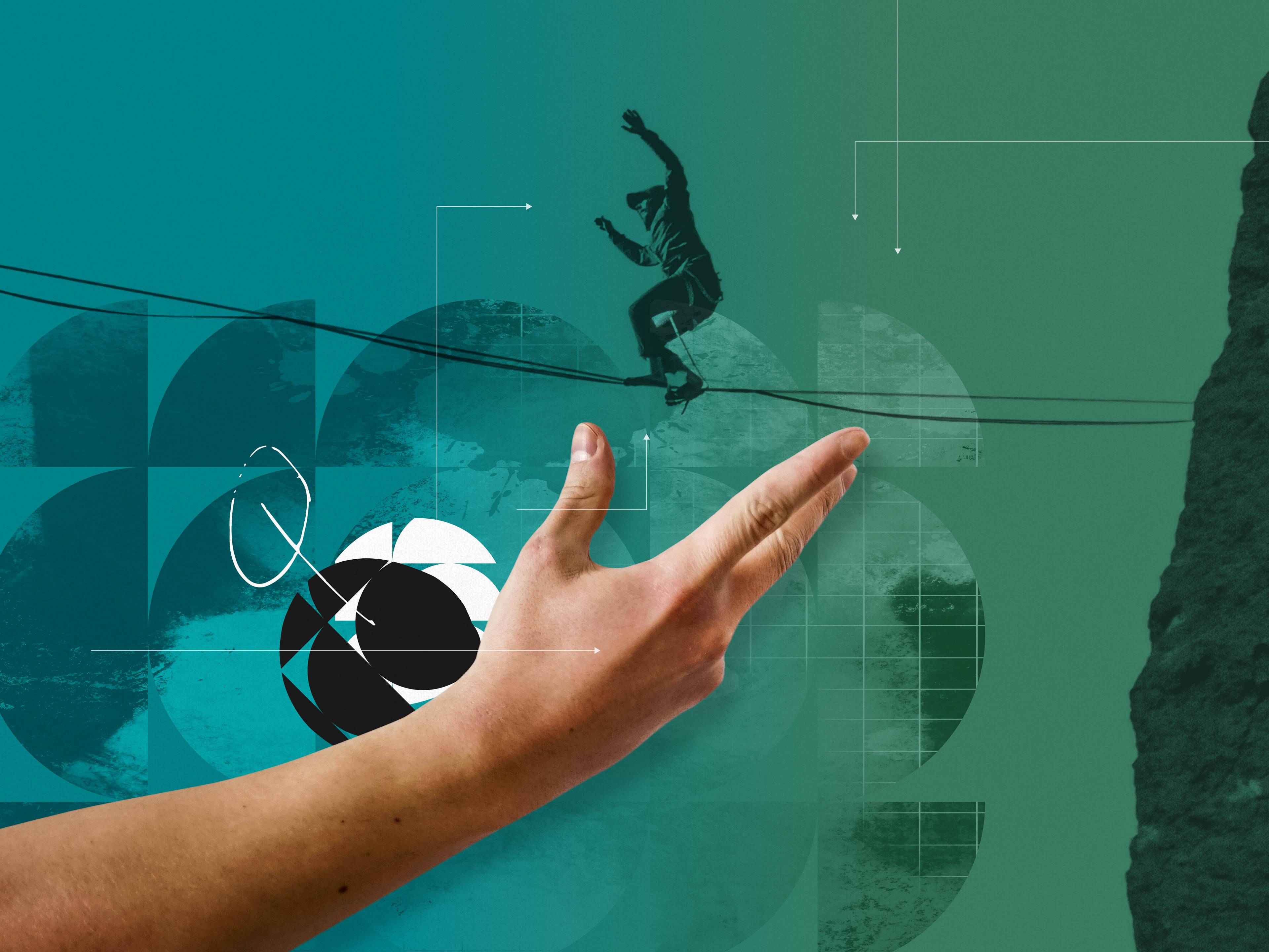 A collage featuring a hand pointing upward, a silhouette of a tightrope walker, geometric shapes, and abstract patterns on a teal and green background.