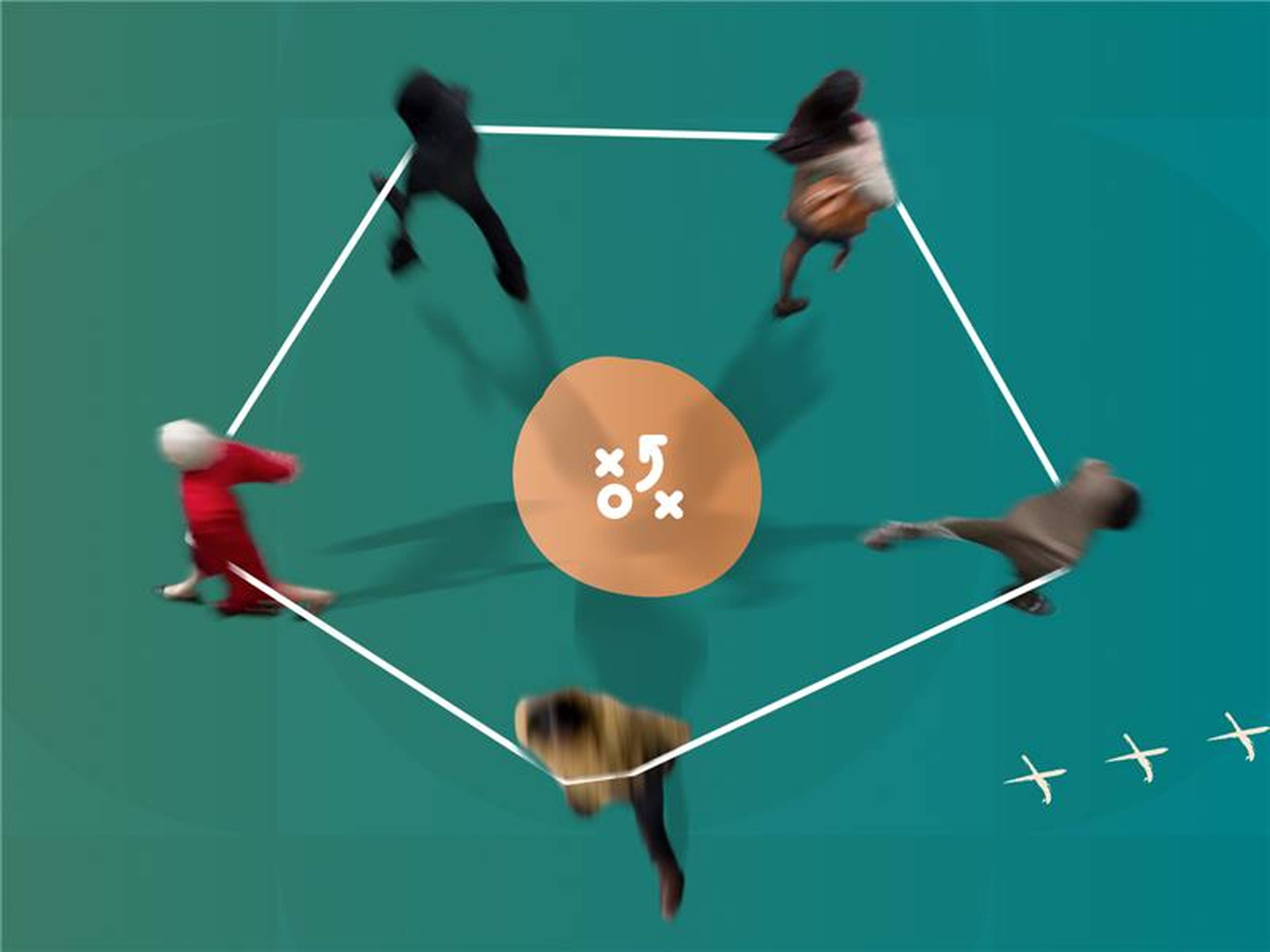 Five blurred figures walk around an orange circle labeled with symbols, within a pentagon on a teal background.