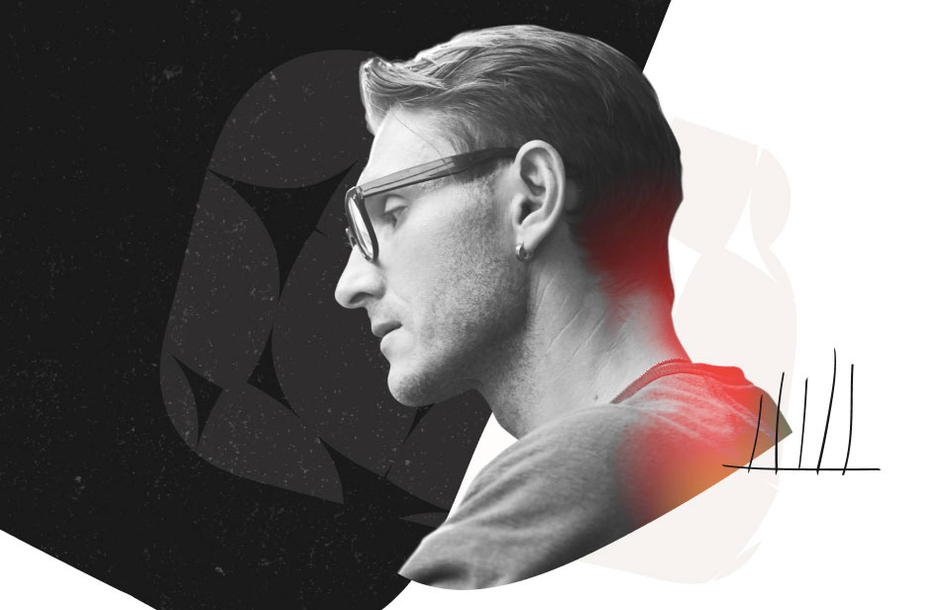 Man looking left on overlaying patterns and image blocks