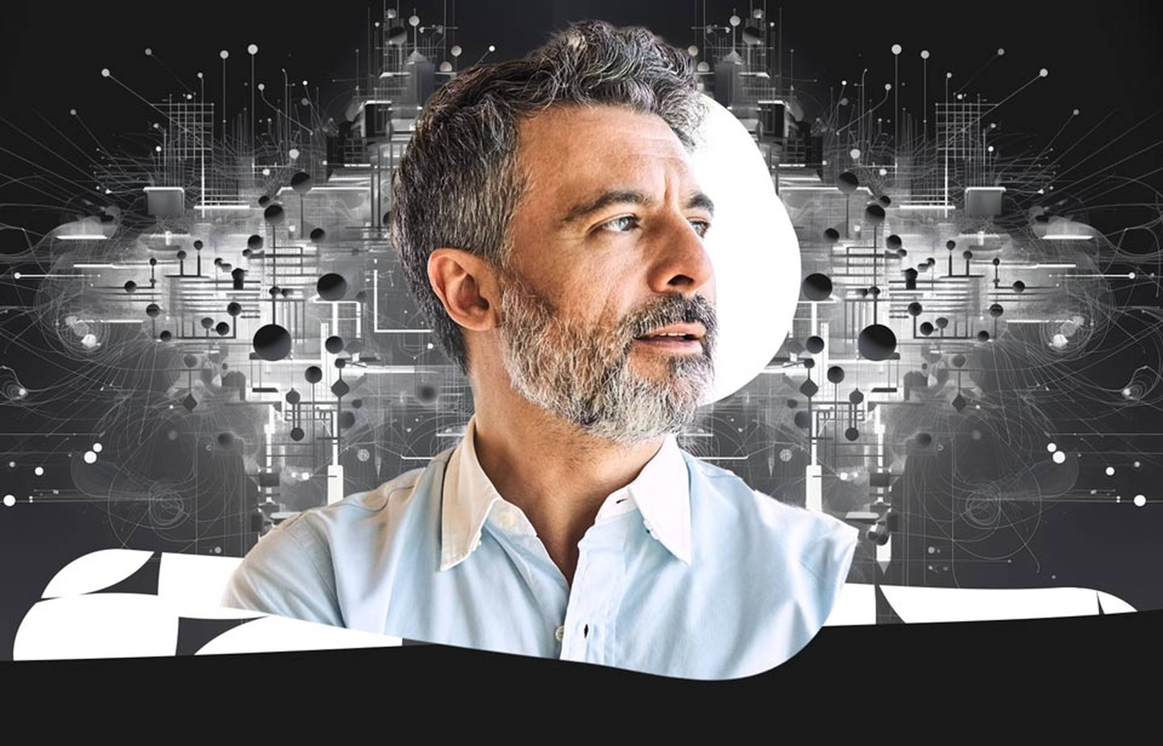 Man looking into the distance on a tech illustrated background graphic