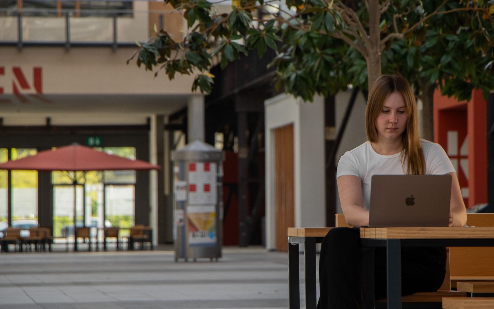 hybrid experts Werkstudentin Lara heukamp am Campus Lingen der Hochschule Osnabrück arbeitet am Laptop
