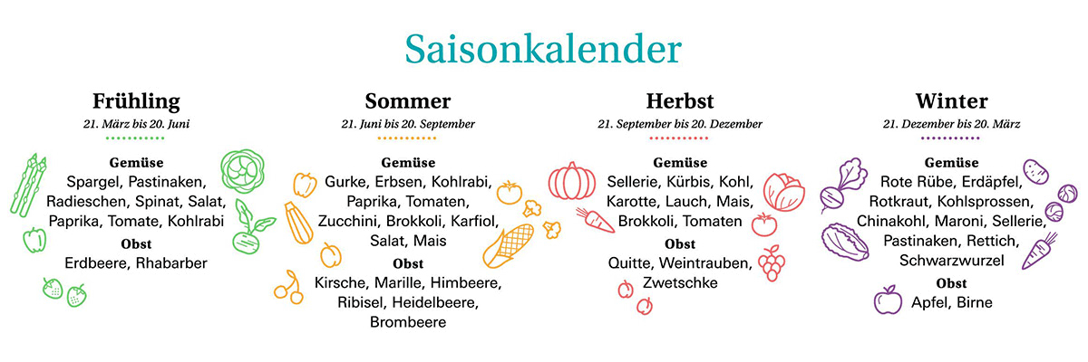 Darstellung eines Saisonkalenders mit der Info, wann welches Obst und Gemüse Saison hat.