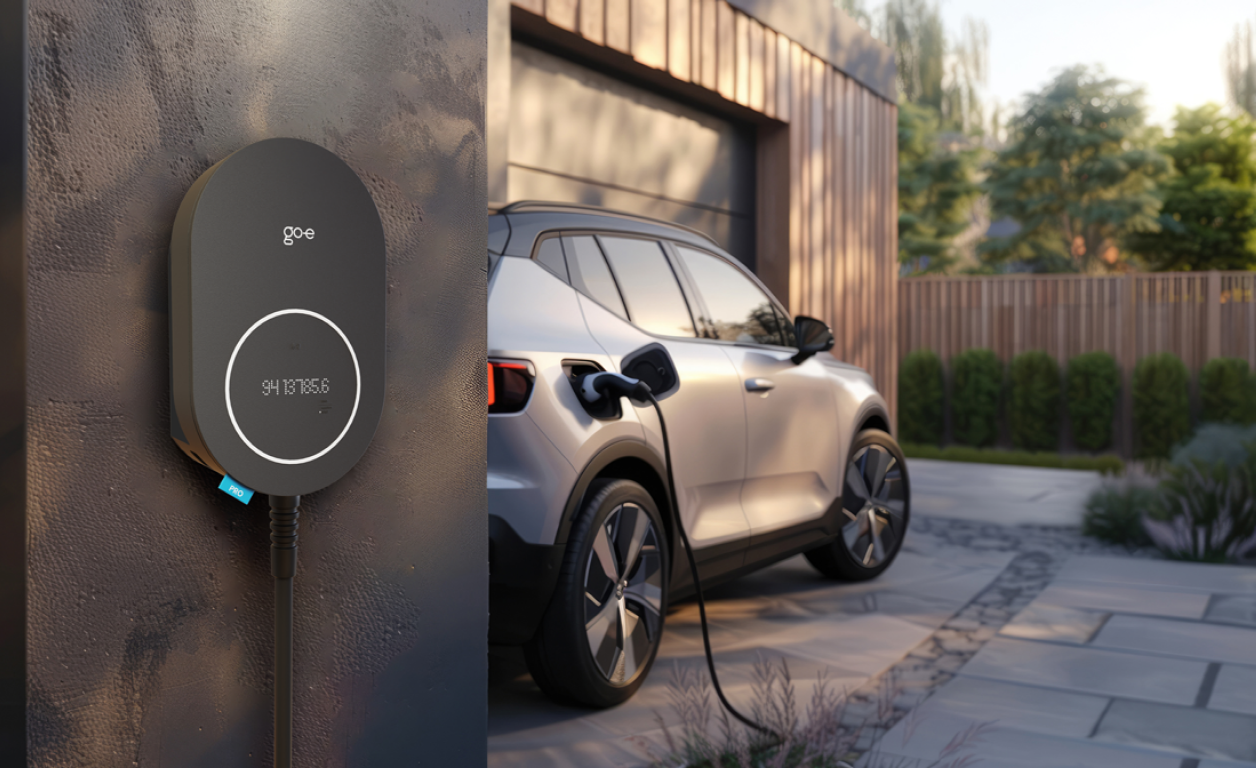 Eine schwarze Wallbox lädt ein Auto