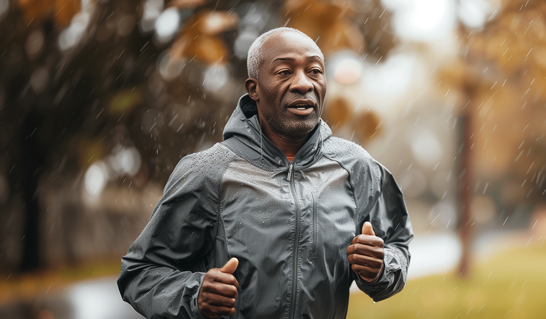 Man jogging in the rain wearing a gray jacket, with blurred autumn trees in the background.