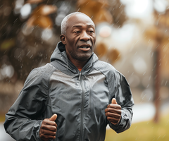 Man jogging in the rain wearing a gray jacket, with blurred autumn trees in the background.