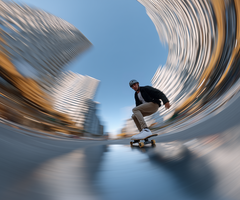 A man skateboarding, surrounded by a dynamic, motion-blurred cityscape.