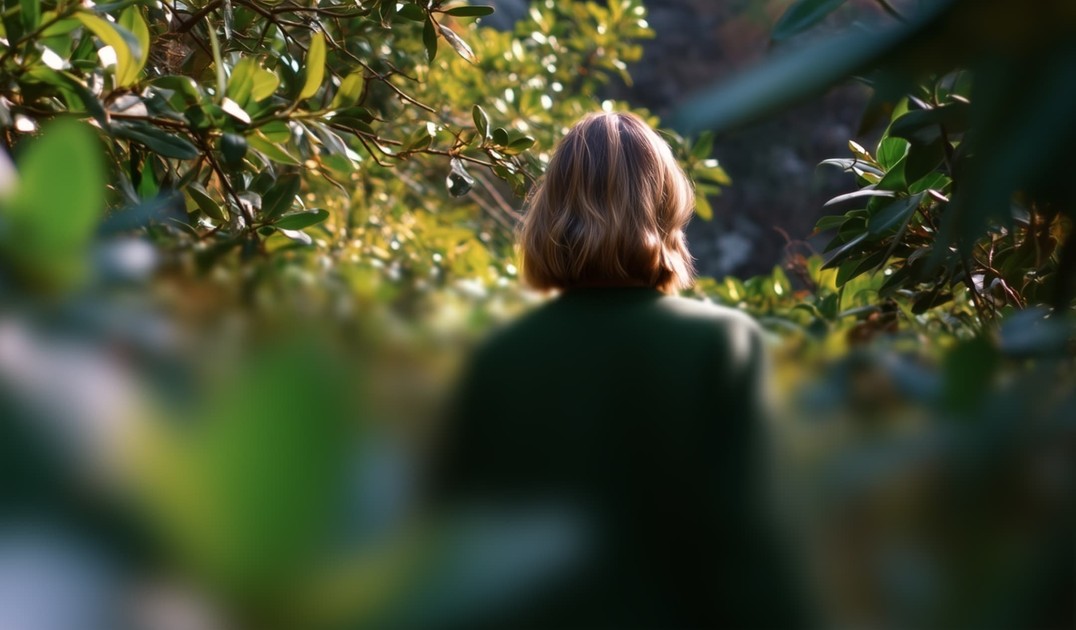 Person with short hair in a green coat walking through lush greenery, surrounded by leaves and sunlight filtering through.