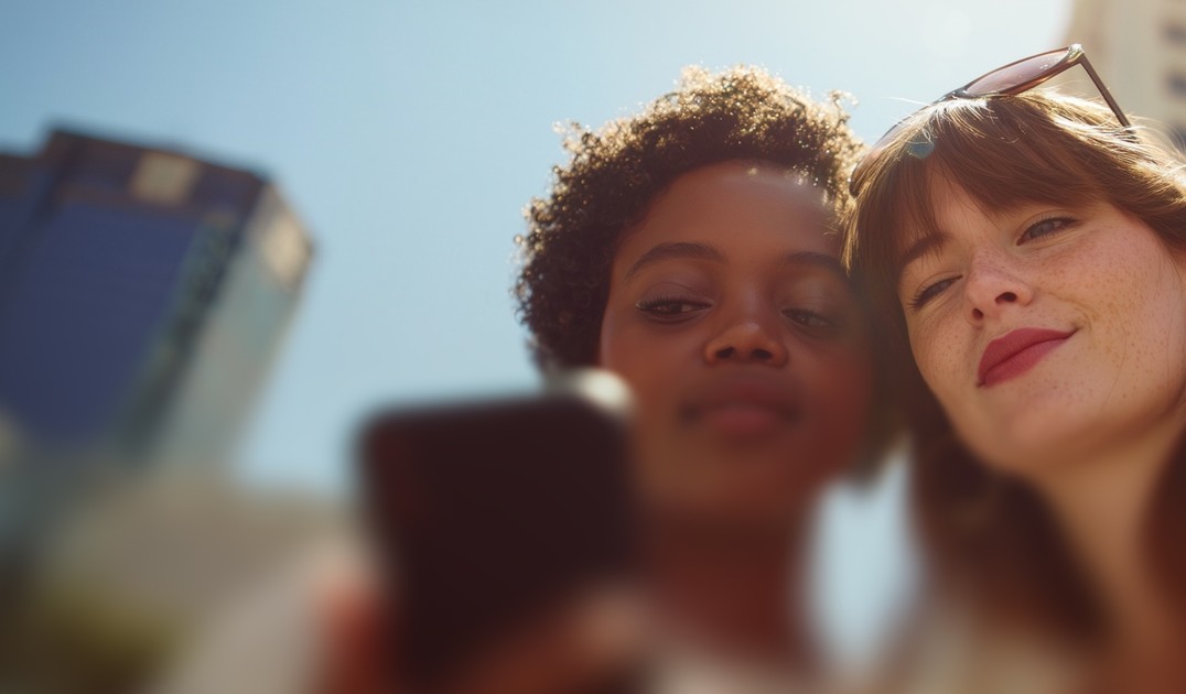 Two young women looking at a mobile phone