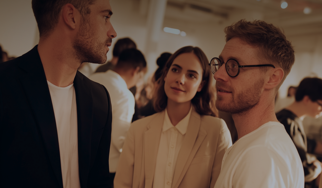 A group of people in casual and formal attire engage in conversation at a social event indoors, with soft lighting and blurred background.