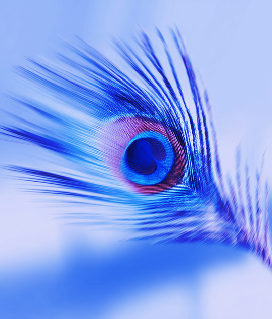 Woman with platinum blonde hair wearing white headphones and a blue sweater, eyes closed, against a soft blue background.