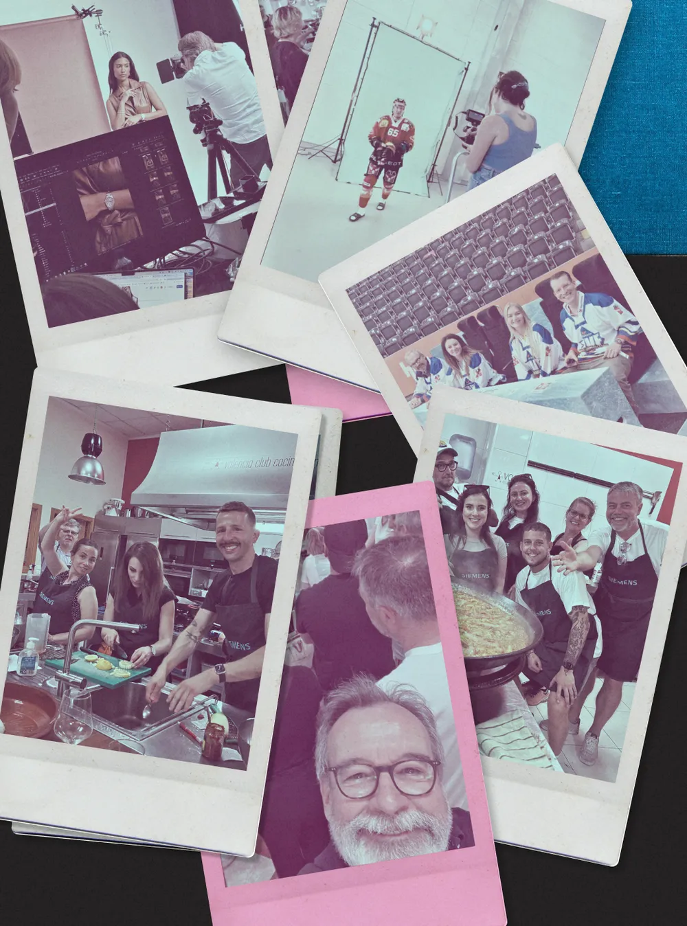Eine Collage aus mehreren Polaroid-Fotos, die verschiedene Momente zeigen: ein Fotoshooting mit einem Model, ein Eishockeyspieler im Studio, eine Gruppe in Sporttrikots in einer Arena, ein fröhliches Koch-Event mit Menschen in Schürzen und eine Nahaufnahme eines Mannes mit Brille, der ein Selfie macht.