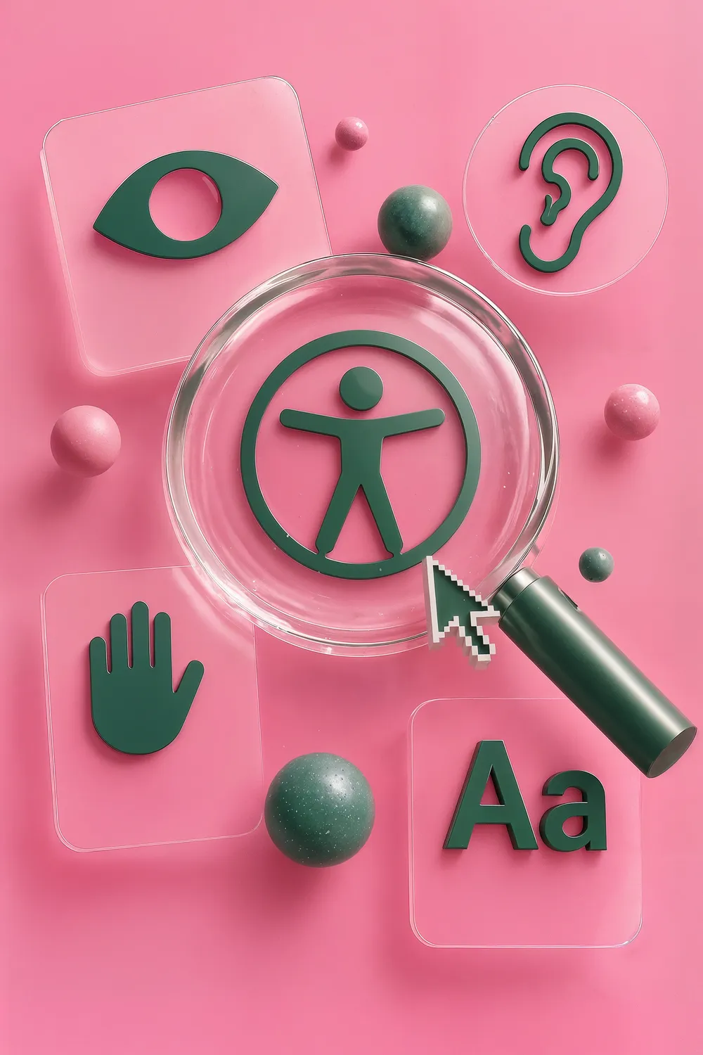 Symbole eines Auges, eines Ohrs, einer Hand und von Text umgeben ein zentrales Barrierefreiheits-Symbol unter einer Lupe auf einem rosa Hintergrund.