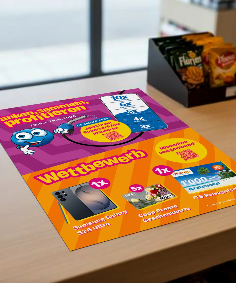 Werbemittel zum Coop Pronto Festival mit Sammelpass, Superpunkten und Wettbewerb mit verschiedenen Preisen.