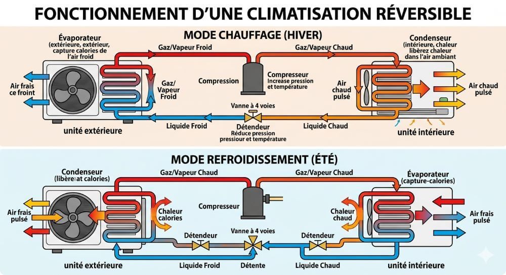 schéma fonctionnement climatisation réversible