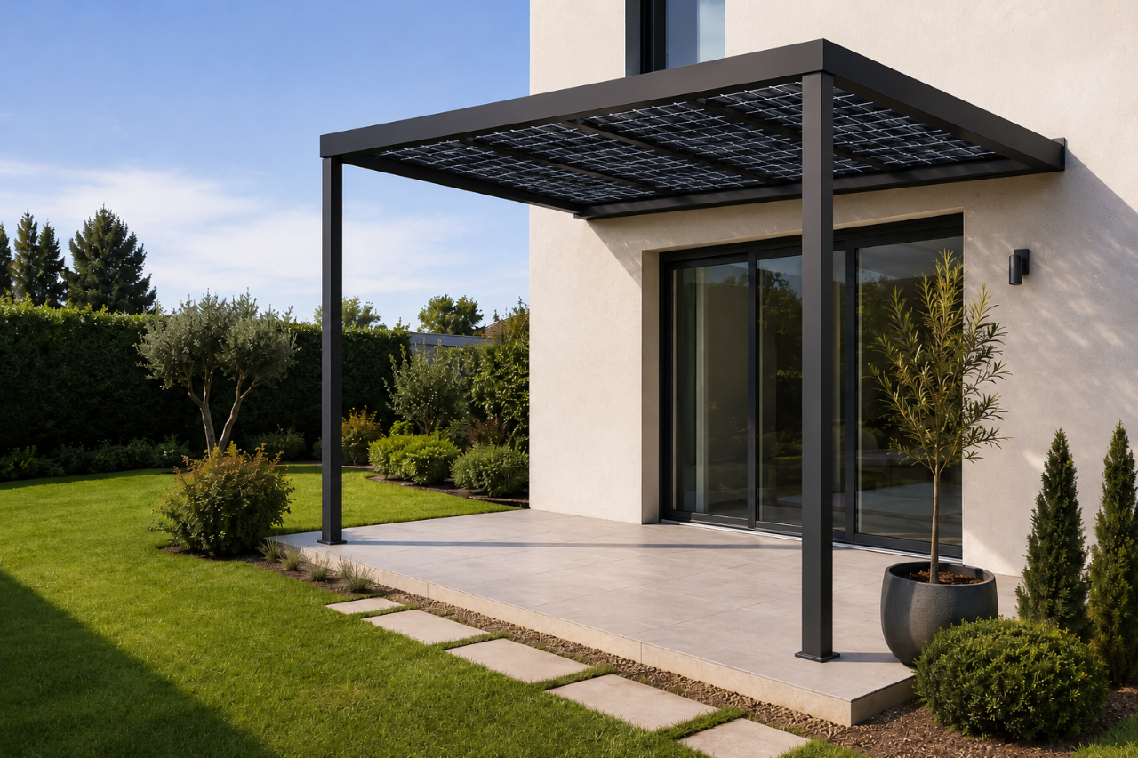 Terrasse d'une maison moderne avec une pergola photovoltaique, des plantes en pot et un jardin verdoyant attenant. Des portes-fenêtres coulissantes s'ouvrent sur une pelouse bien entretenue et des arbres sous un ciel bleu.